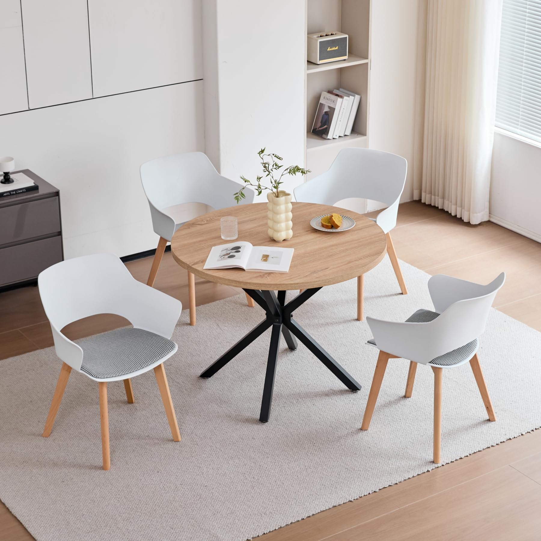 GrandCA HOME Juego de 4 Sillas de Cocina Nórdicas, Silla de Comedor con Patas de Madera Maciza, Sillas Tapizadas para Dormitorio, Sala de Estar, Cocina,Blanco-N