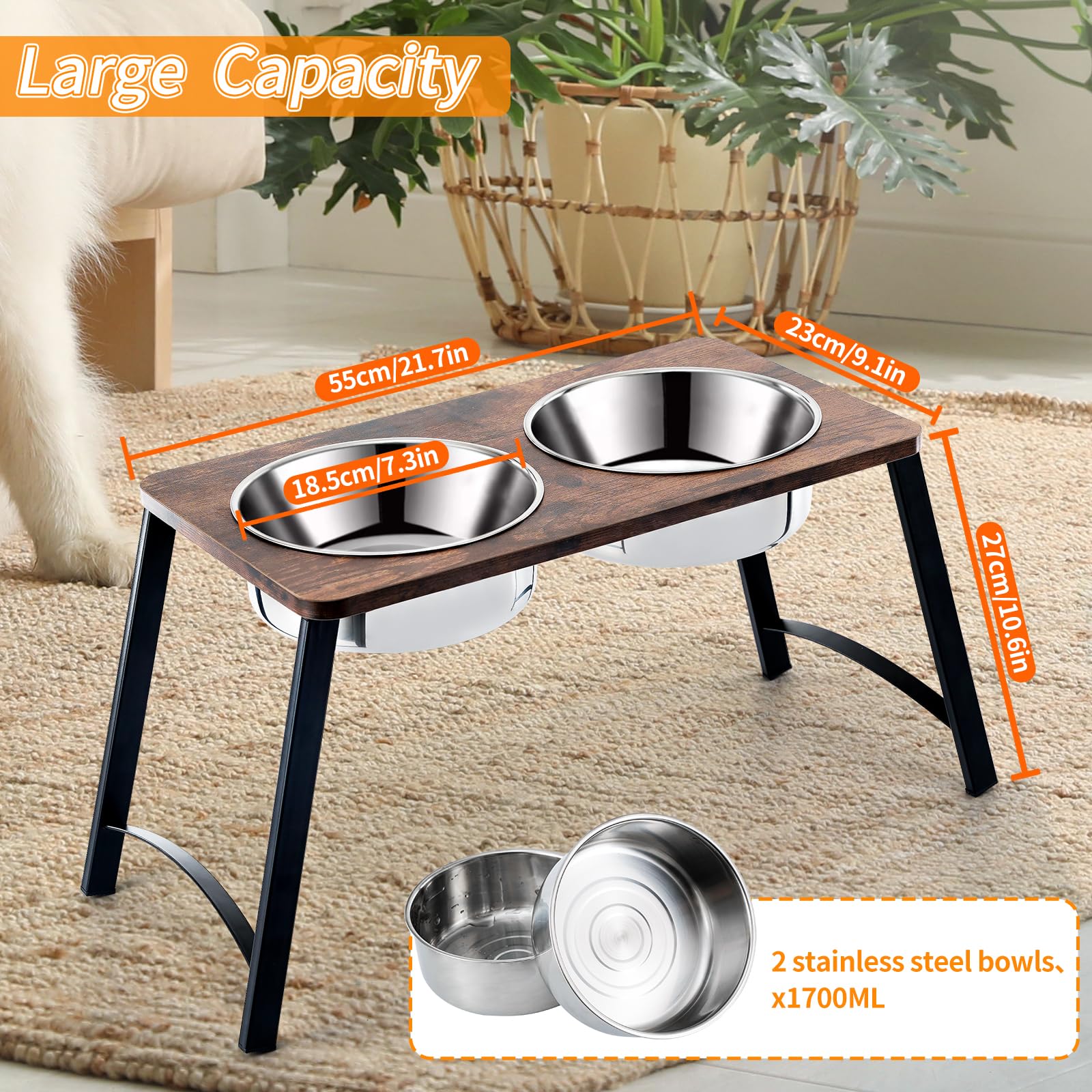Cuencos elevados de madera para perros grandes y extragrandes, con dos cuencos de acero inoxidable de 3000 ml para alimentos y agua para perros extragrandes, antideslizantes