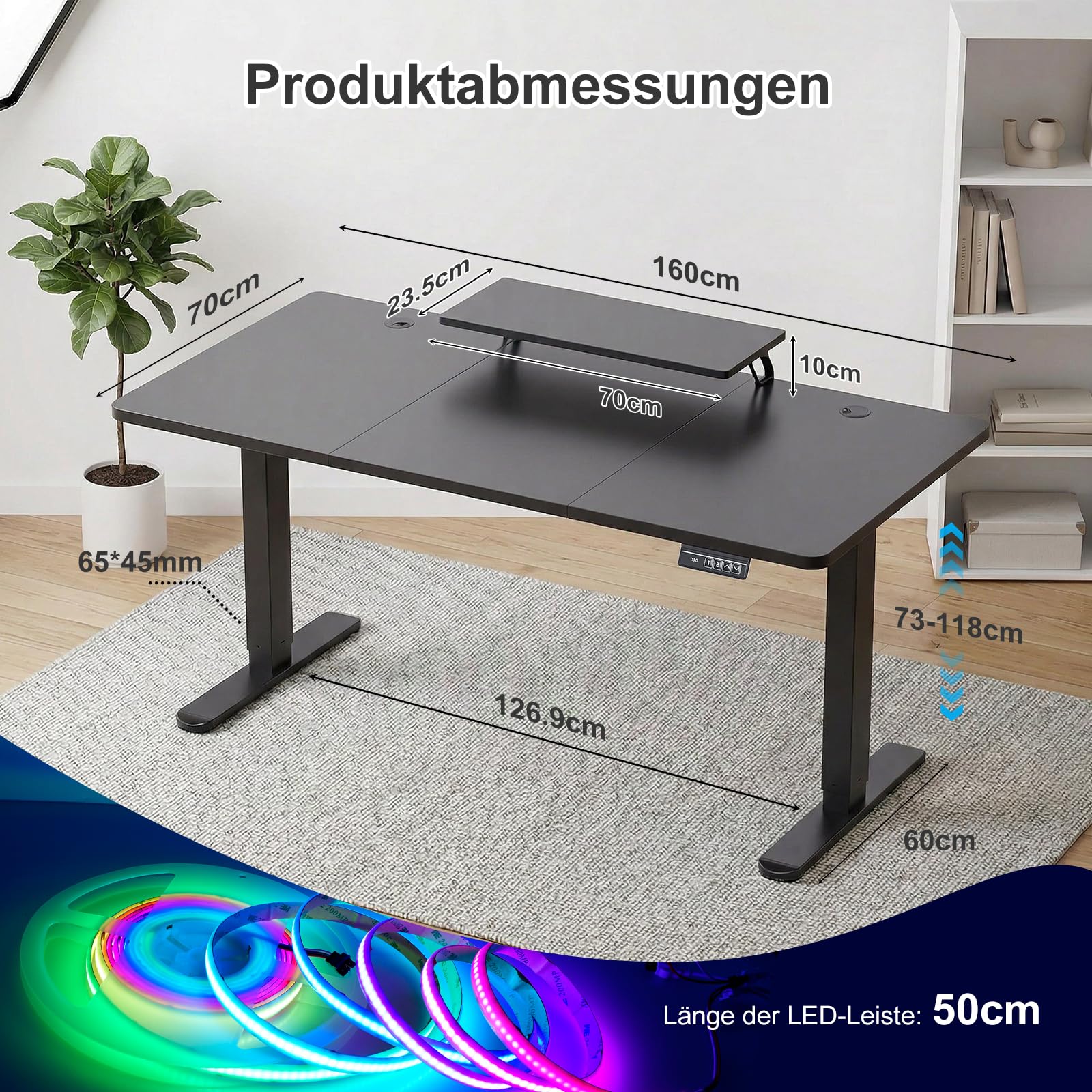 TRIUMPHKEY Höhenverstellbarer Schreibtisch mit Monitorständer & Lichtleiste