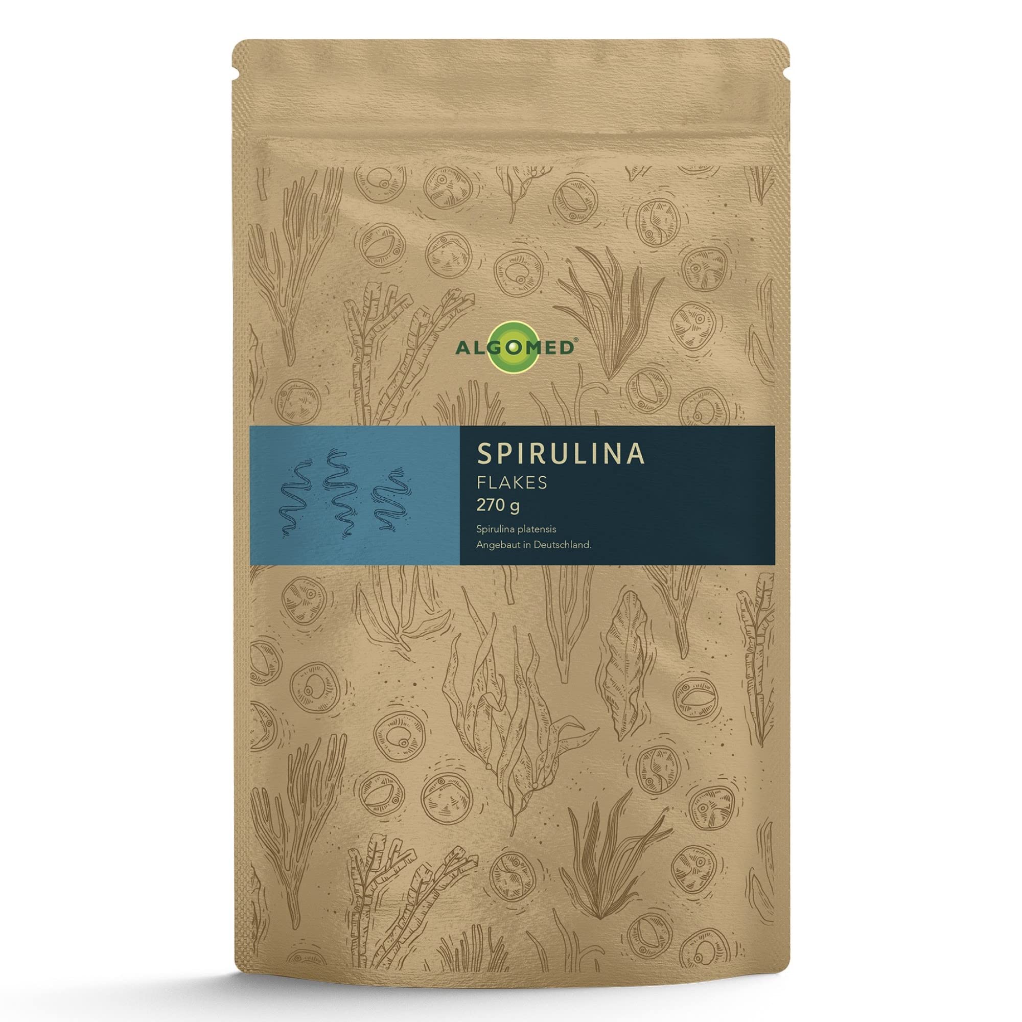 Spirulina-Flocken aus Deutschland - Spirulina Algen Flocken Getrocknet - Snack Chips Green Smoothie Superfood - Vegan, Rein & Kontrolliert - Dried Spirulina Platensis Flakes | Algomed 270g