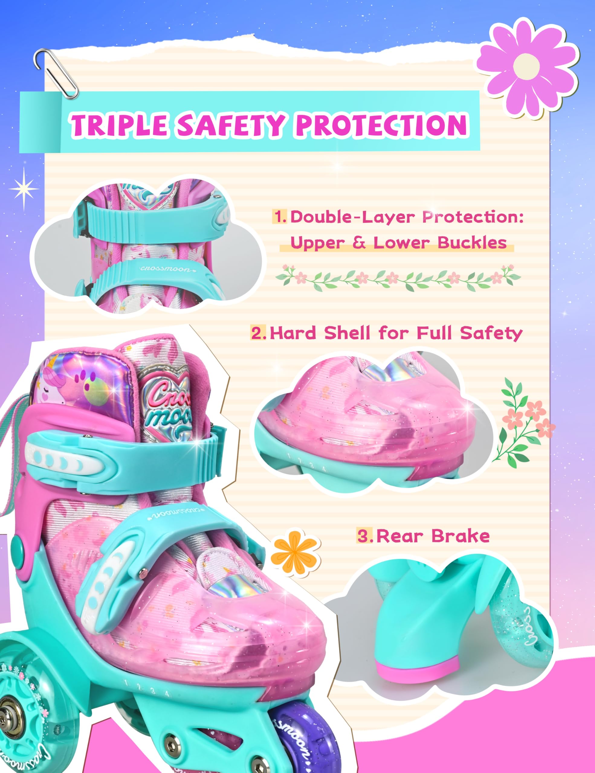 Unicorn Toddler Roller Skates, Kids Training Safety Tripple Protection Roller Skates with 4 Adjustable Sizes, Fun Light-Up Wheels, Little Girls' Fancy Gift