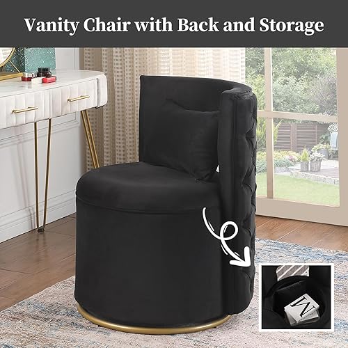 Miniatura 5 de Silla giratoria con almacenamiento para sala de estar, silla redonda de terciopelo con respaldo de botón copetudo, almohada incluida (negro)