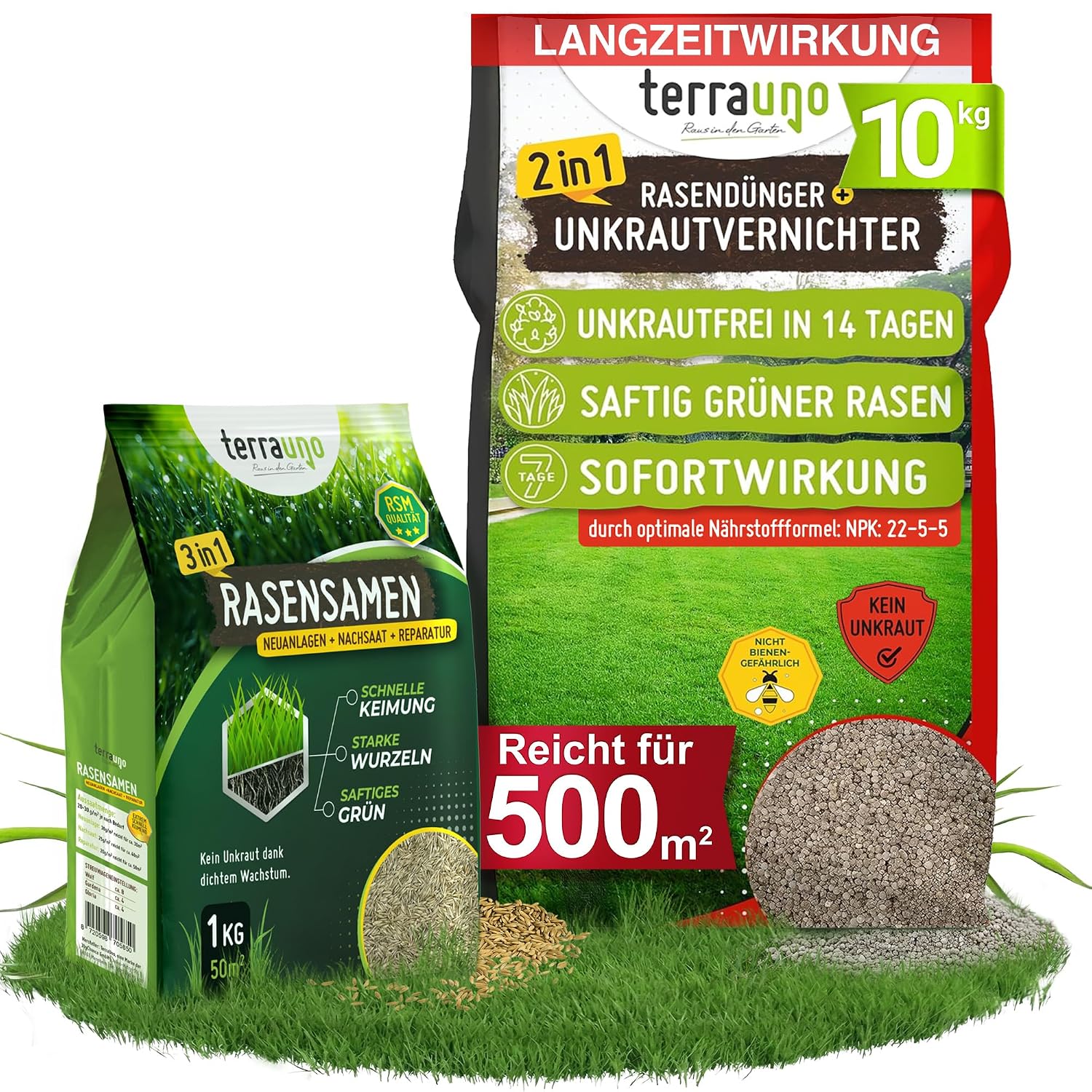 (-23%) TerraUno Rasendünger mit Unkrautvernichter extra stark, 100 Tage Langzeitwirkung, 10 kg für 500 m², gegen Löwenzahn, Klee uvm., Rasenunkrautvernichter mit Dünger für saftiges Grün im Frühjahr & Sommer