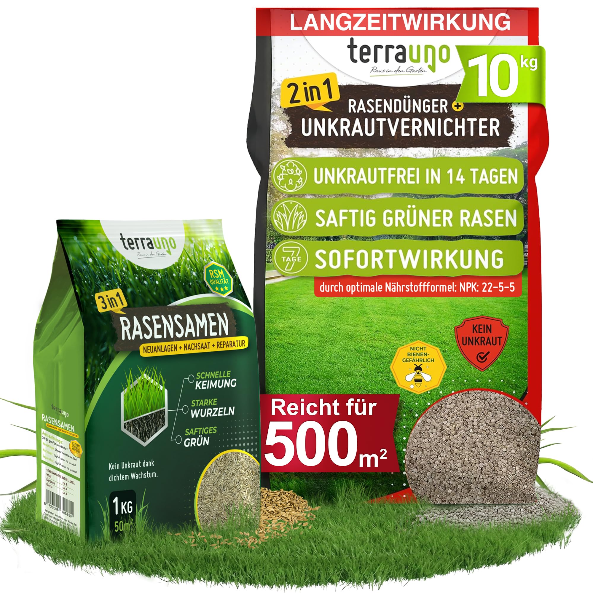 TerraUno Rasendünger mit Unkrautvernichter extra stark, 100 Tage Langzeitwirkung, 10 kg für 500 m², gegen Löwenzahn, Klee uvm., Rasenunkrautvernichter mit Dünger für saftiges Grün im Frühjahr & Sommer