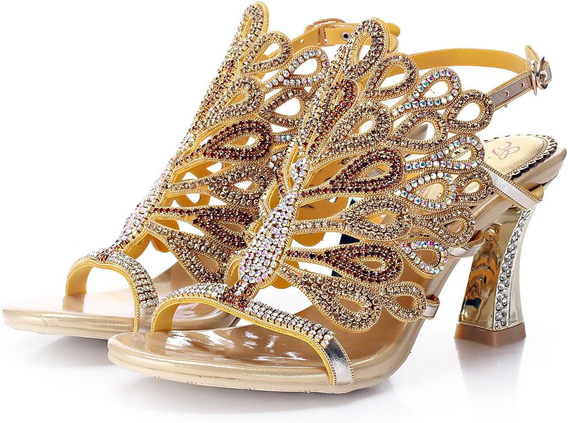 Unicrystal Women's Rhinestone Peacock Patterned Handmade Sandals with Chunky Heel