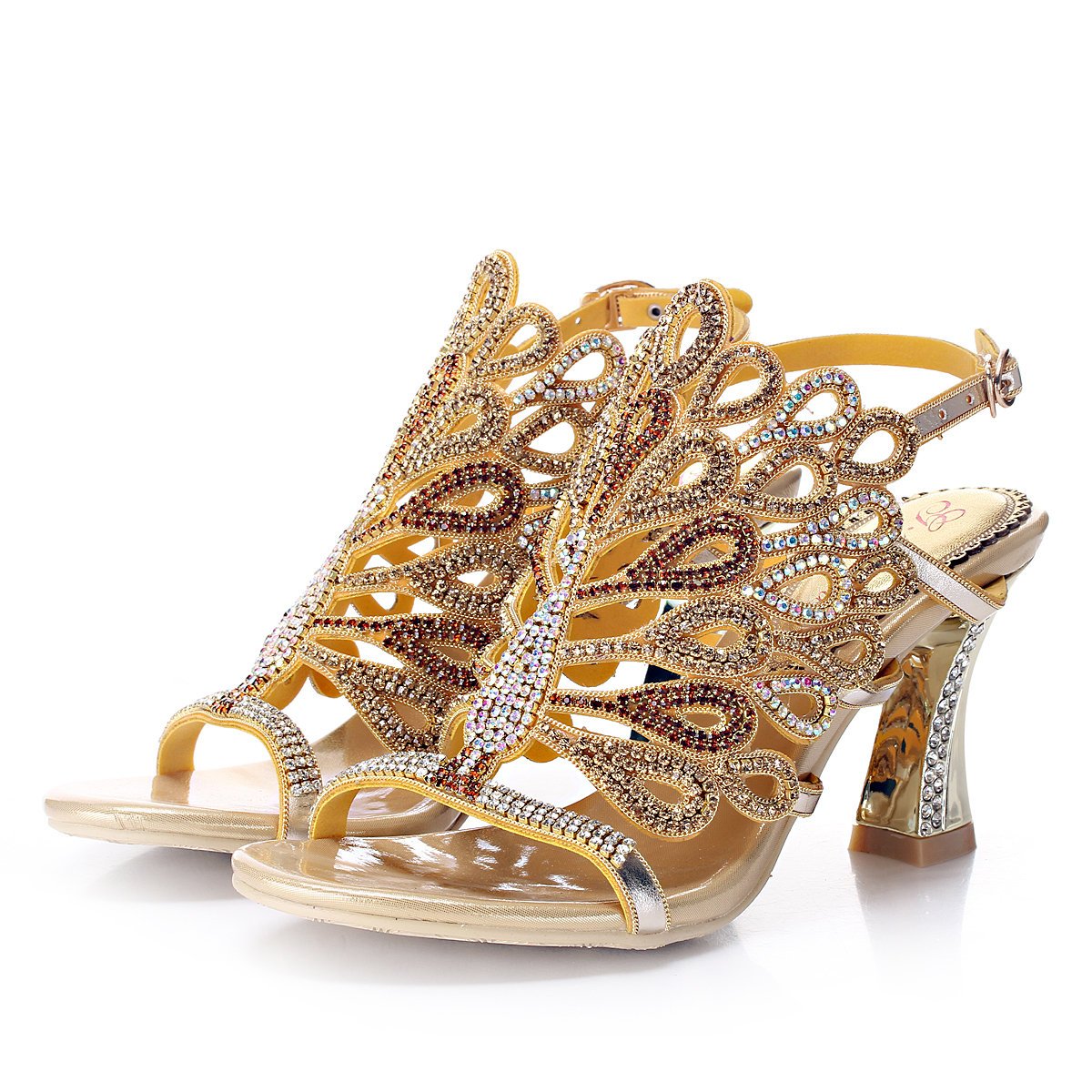 Unicrystal Women's Rhinestone Peacock Patterned Handmade Sandals with Chunky Heel