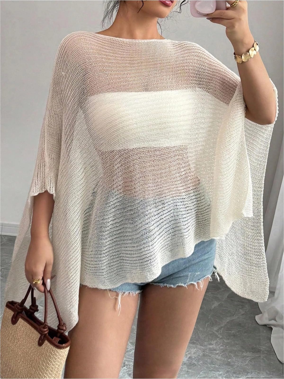 Damen-Poncho aus transparentem Strick mit 3/4-Ärmeln, leichtes Oberteil zum Überziehen