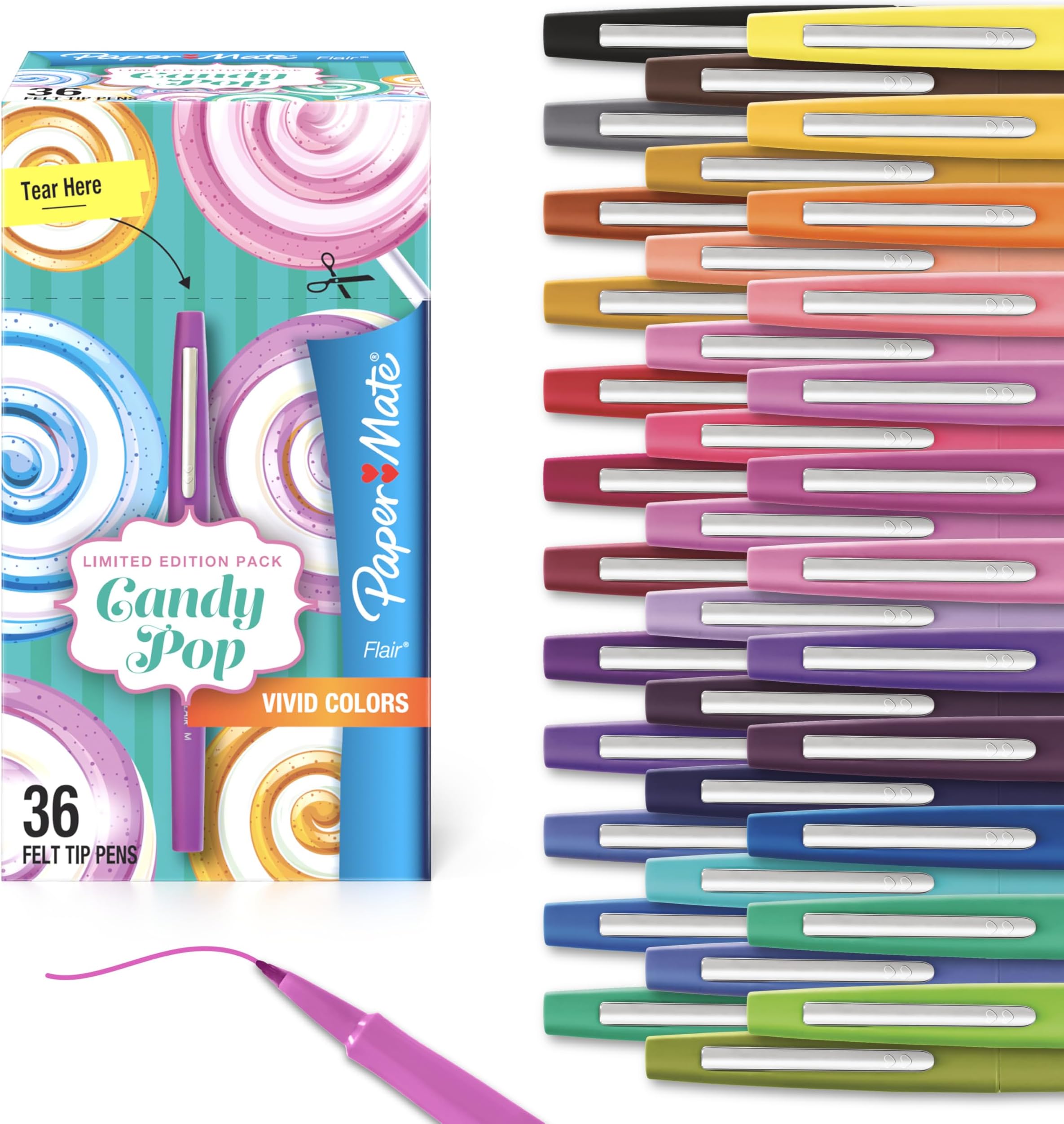 Flair Felt Tip Pens, Medium Point (0.7mm), Limited Edition Candy Pop Pack, 36 Count - Perfect for Teachers, Students, Expressive Writing, Drawing