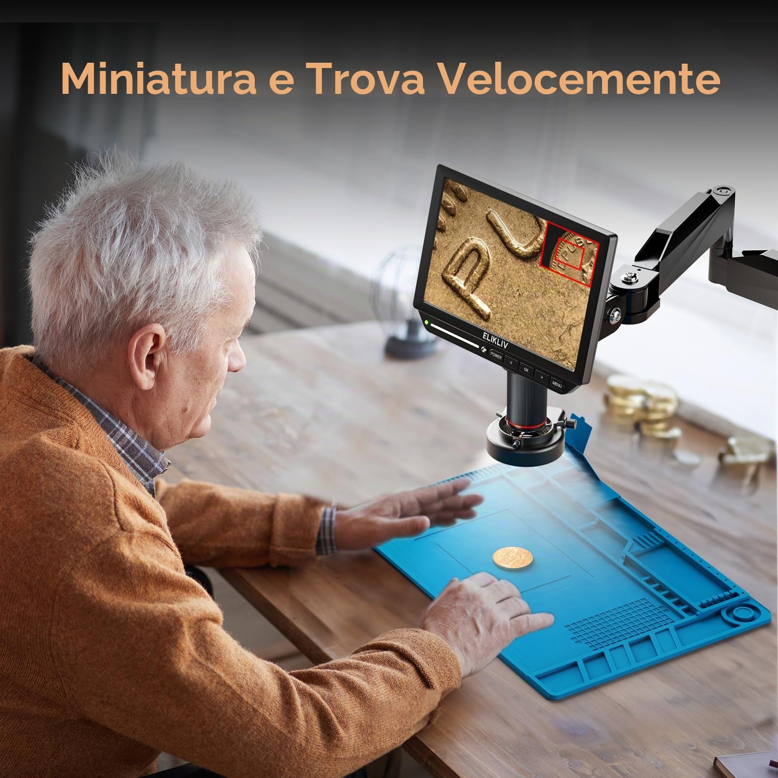 Elikliv EM4K Flex 4K Digital Microscopio, 10.1" HDMI Saldatura Microscopio con Flex Arm Stand per Riparazione Elettronica, 52MP Coin Magnifier per Monete Errori, Anello Luce, Silicone Saldatura Mat