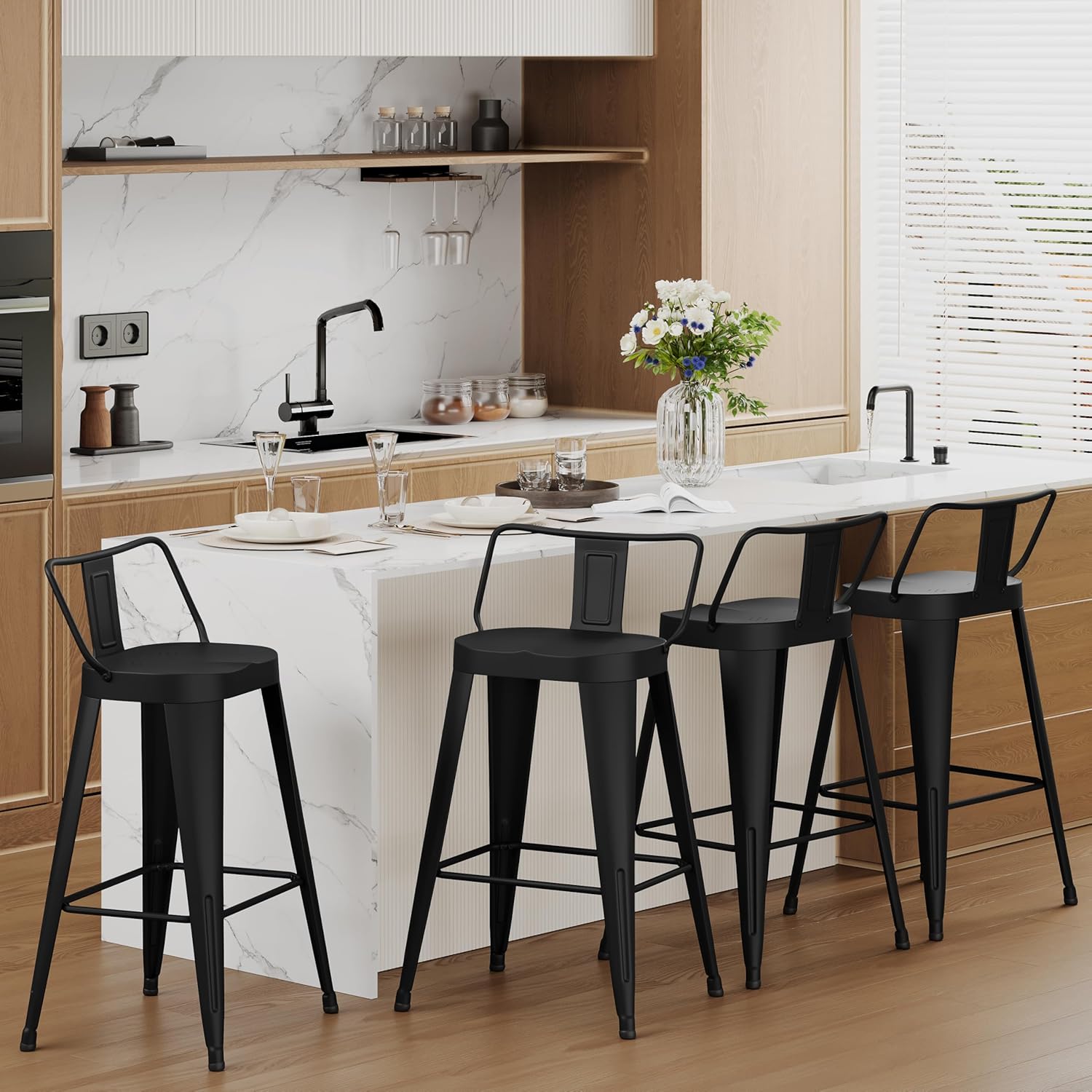 Aklaus Metal Bar Stools Set of 4 Counter Height Bar Stools for Kitchen Island Farmhouse Barstools with Removable Back 26" Indoor Outdoor Barstools, Matte Black