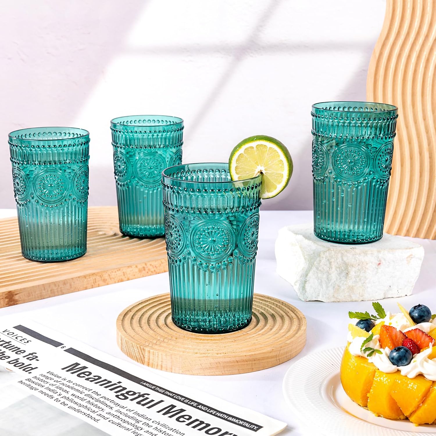 Ciaell 12 Pack Romantic Plastic Water Glasses - 14 Oz Green Vintage Drinking Glasses, Embossed Ribbed Plastic Cups, Textured Striped Set for Juice, Beverages, Beer, Cocktail，St. Patrick's Day - Image 6
