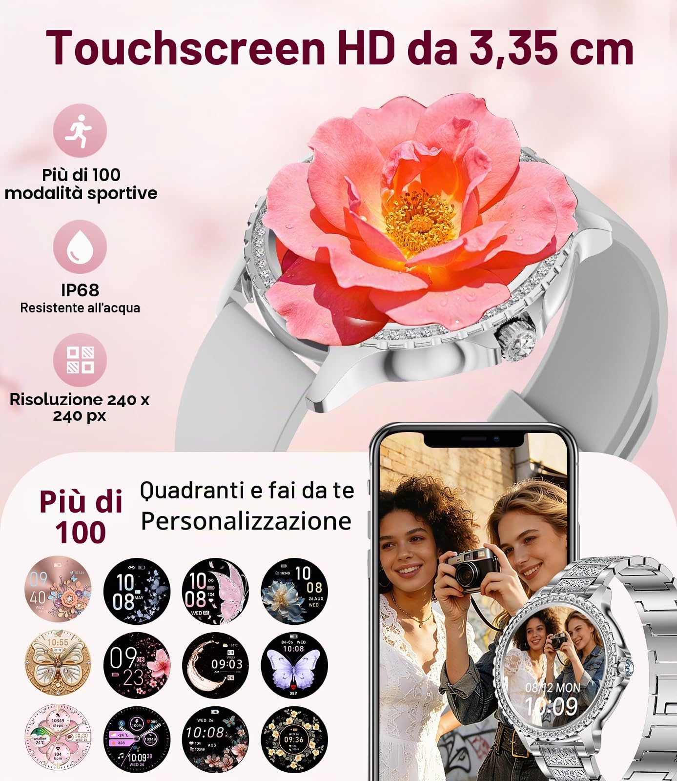 LIGE Smartwatch da donna Bluetooth chiamate per Android iOS 1,32" HD Full Touch Screen da donna Smart Watch Diamante argento acciaio inox frequenza cardiaca, monitor sonno, contapassi, calorie, 100+