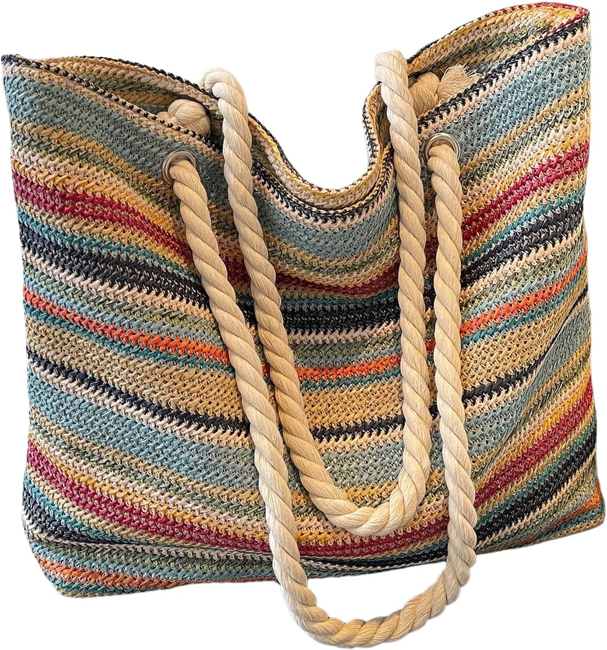 QWINEE Women's Rainbow Striped Tote Bags Double Handle Large Capacity Lightweight shoulder Handbag