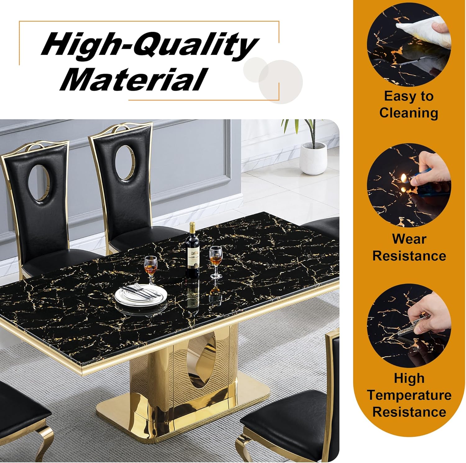 Luxurious 70" Marble Dining Table with Black Faux Marble Top and Gold Holes-Shape Base Stainless Steel Base, Rectangular Kitchen Table for 4-6, Dining Room, Kitchen, Easy to Clean