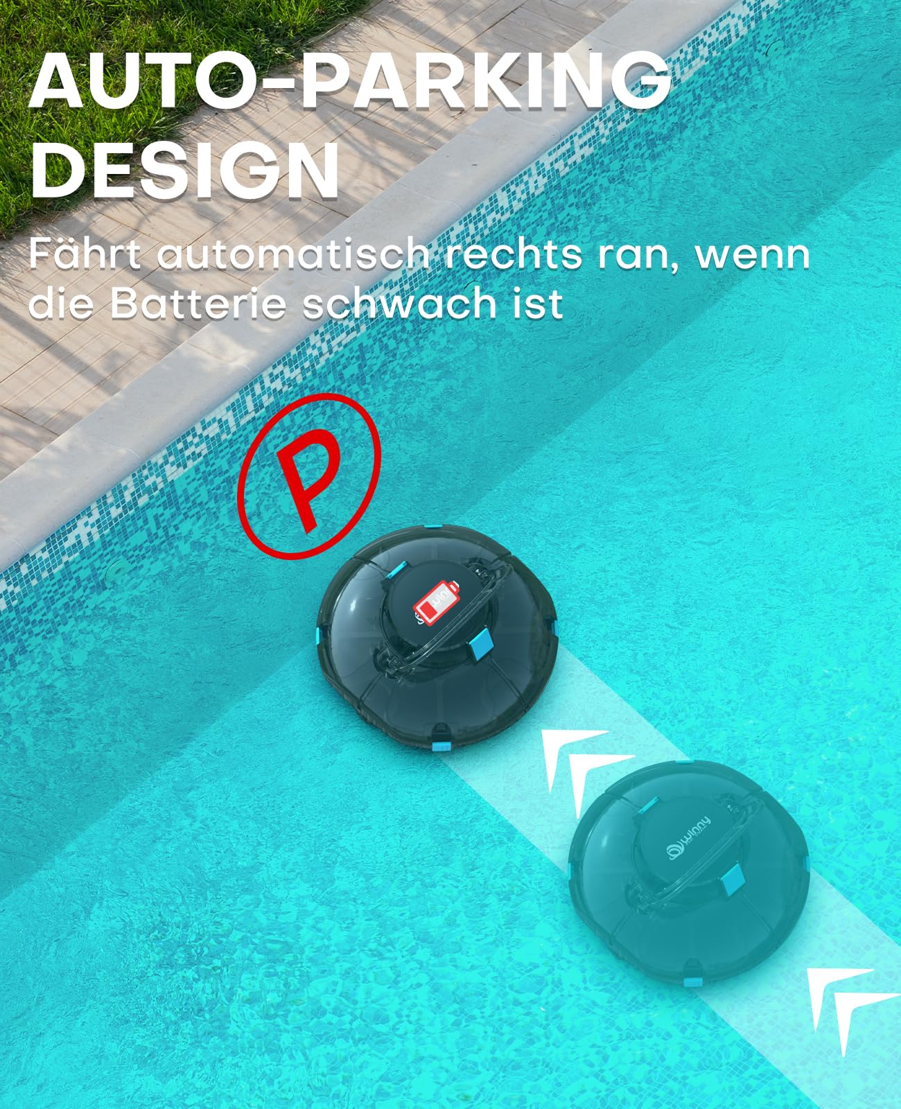 WINNY POOL CLEANER Winny 200 Poolroboter, Poolsauger kabellos mit Akku, 75 Min. Laufzeit, für Aufstellpools bis 60 m², Doppelfiltration, Automatisches Parken, Kompakt Leicht (Transparentes Schwarz)