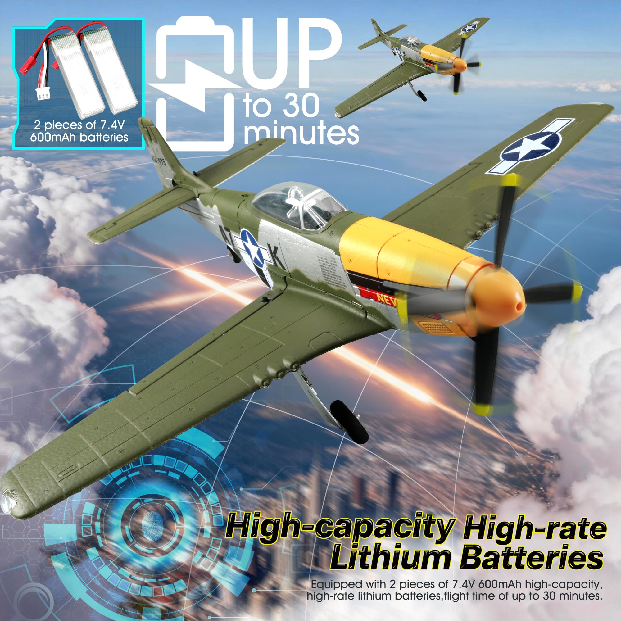 Aereo RC 5CH P51D Mustang Aereo RC con Radiocomando Rimovibile 3D/6G 2.4GHz Brushless Aerei RC per Adulti e Principianti con Elica e Batteria di Ricambio
