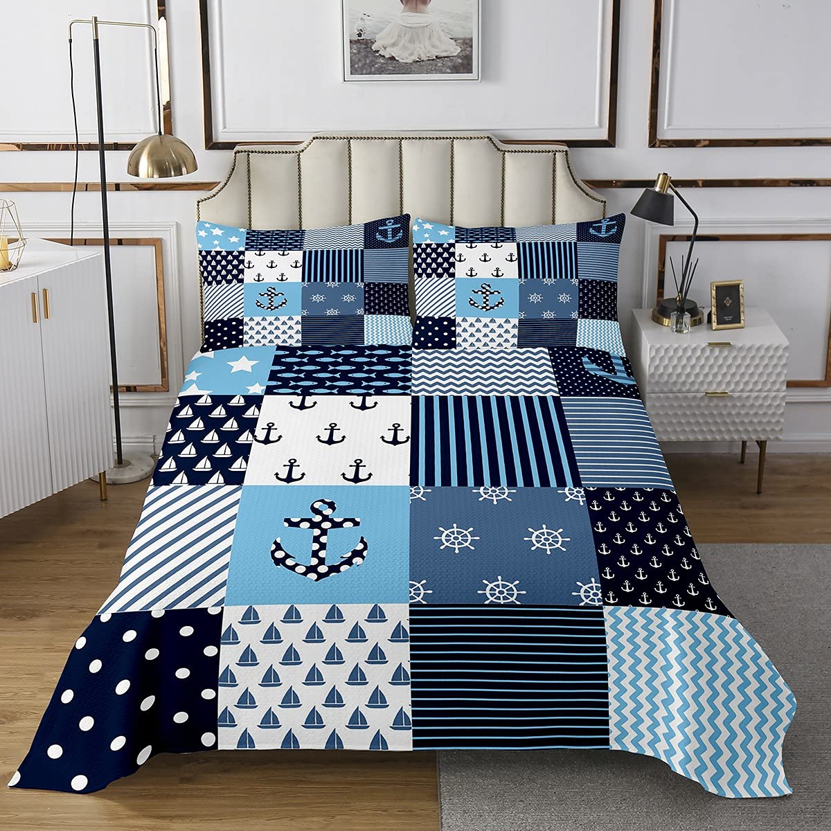 Loussiesd Nautical Bed Throw Navigation Theme Patchwork Day Deck Single Quilted Bedspread Blanket Anchor Compass Sailing Ship Print Quilt for Kids Boys Child Bedroom Decor 2pcs - Image 2