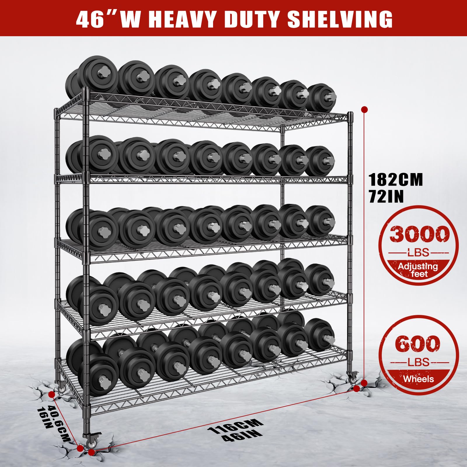 5-Stöckiges Schwerlastregal Drahtgitter Regal,1400 KG Tragende Metallregal, Mobiles Lagerregal mit Rädern,Höhenverstellbaren Einlegeböden,Kellerregal Werkstattregal für Küche,Garage,116×41×182cm