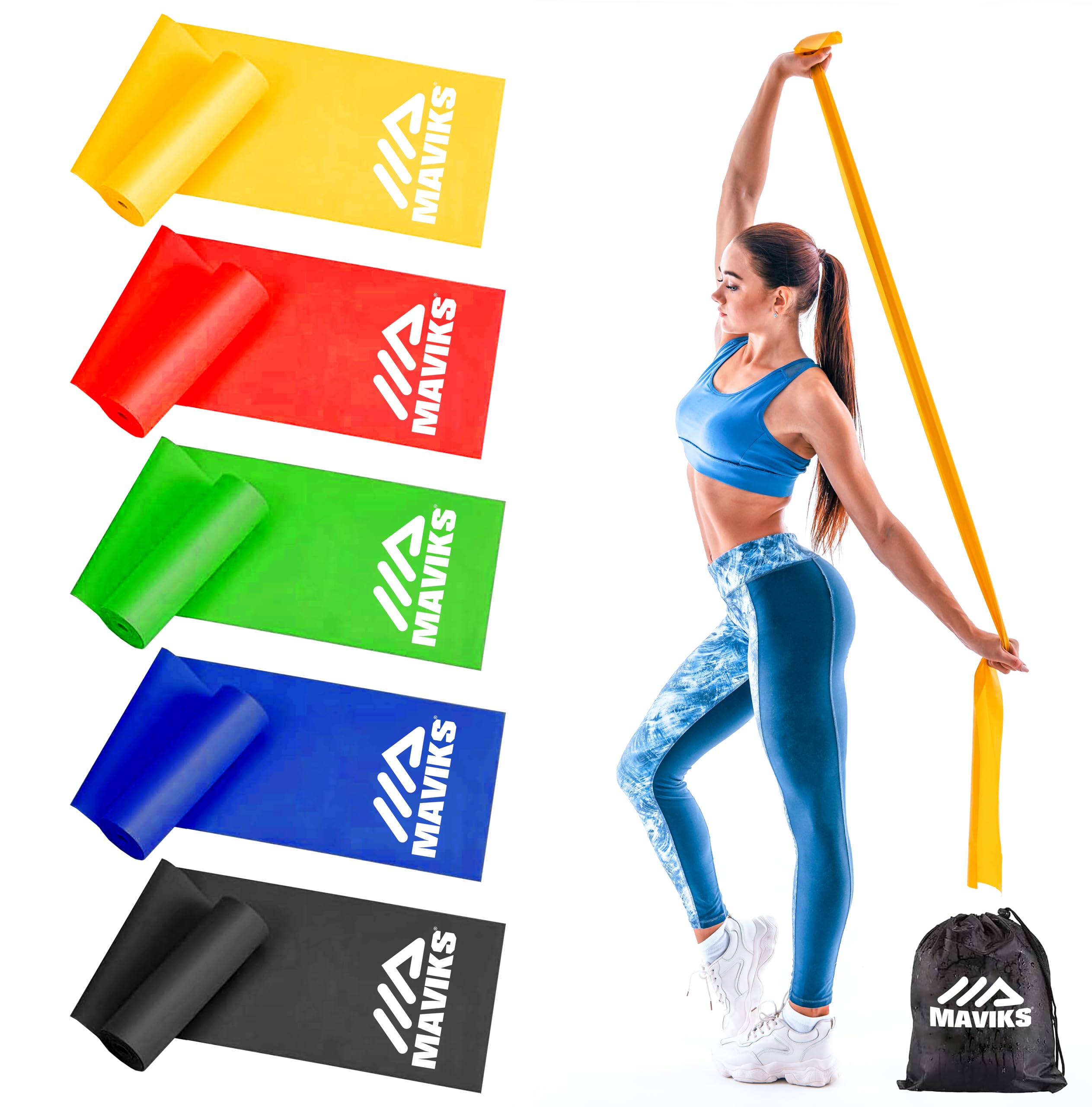 MAVIKS Exercise Bands Resistance Bands for Working Out, Set of 5 Bands, Elastic Resistance Bands for Physical Therapy, Pilates,Yoga, Stretching, Home Fitness with Guide and Carry Bag (Stretch Bands)