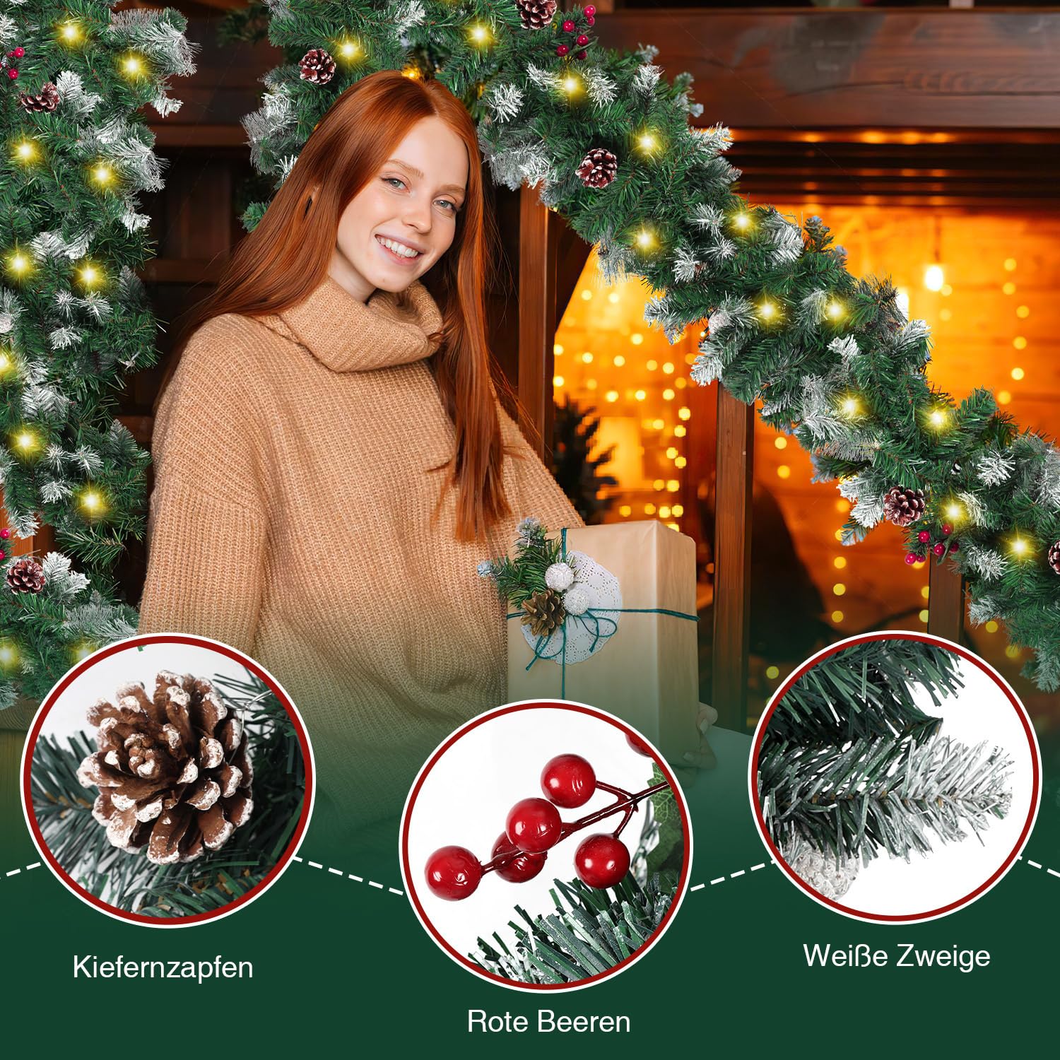 Weihnachtsgirlande mit Beleuchtung, 2er 2.7M Künstliche Tannengirlande inkl.Deko und Fernbedienung, Warmweiß LED Kette USB 8 Leuchtmodi, Weihnachtsdeko Weihnachten