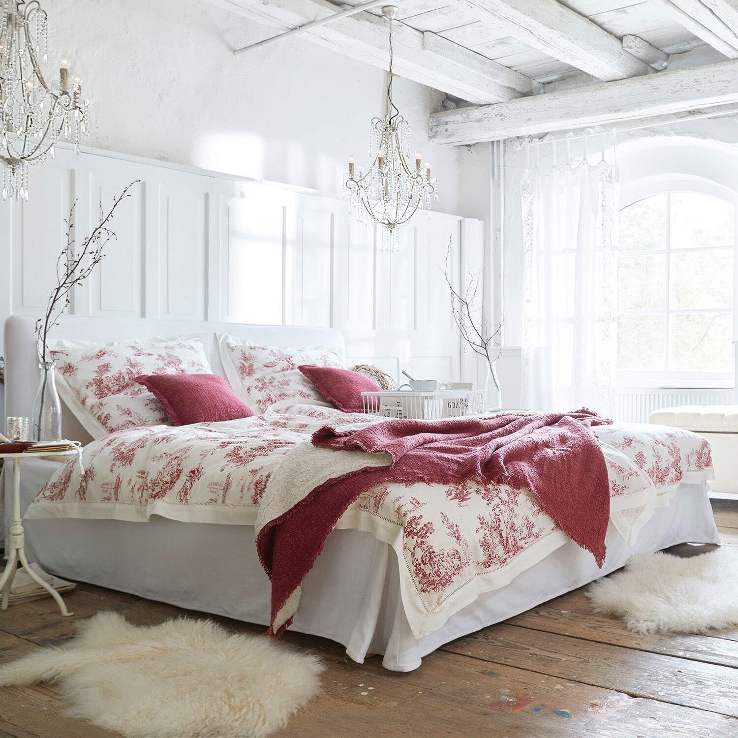 Loberon Toile Rouge Biancheria da Letto - Puro Cotone - Tipico Motivo Tela de Jouy, Bianco/Rosso