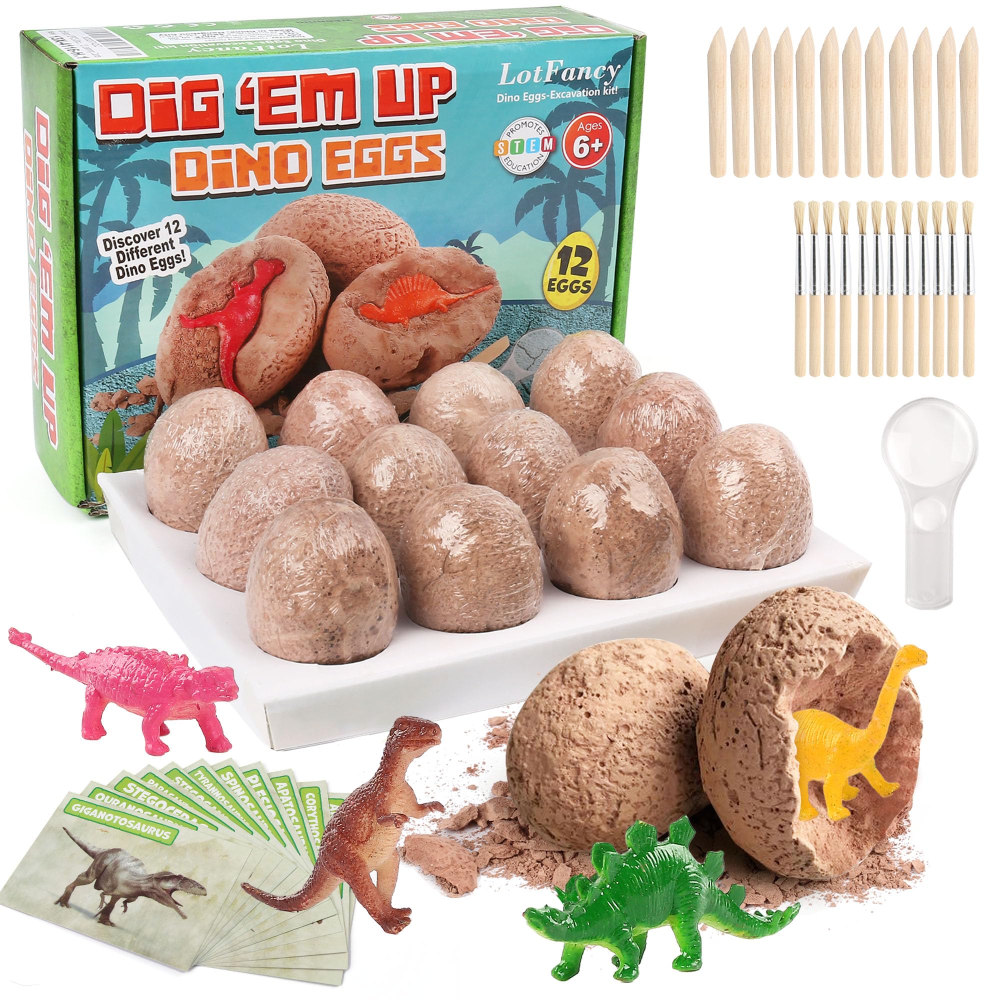 LotFancy Kit Scavo Dinosauri per Bambini, 12 Uova Dinosauro da Scavare, Archeologia Set, Regalo Educativo per Bambini e Bambine dai 6 Anni
