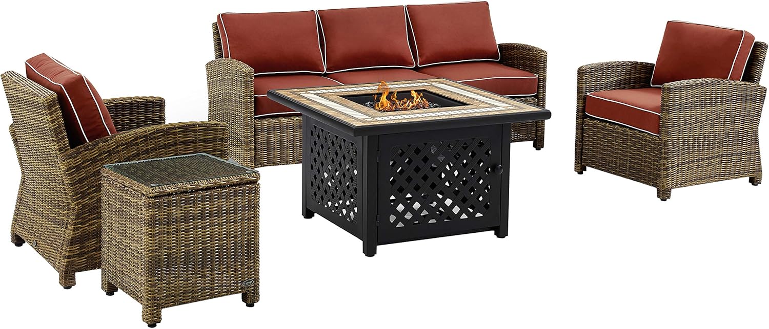 Crosley Furniture Bradenton 5-Piece Wicker Outdoor Sofa Patio Furniture Set with Propane Gas Fire Pit Table, Brown with Sangria Cushions