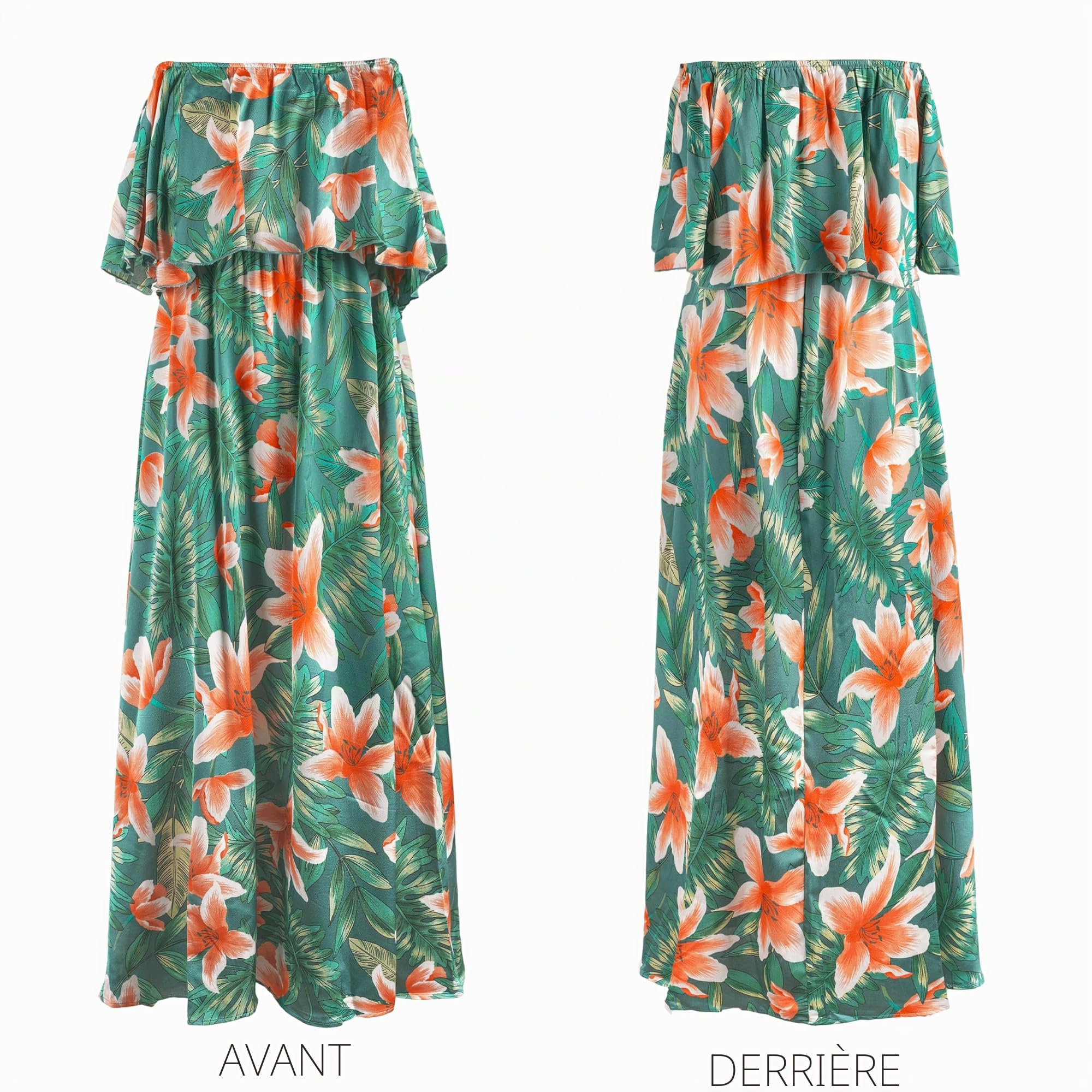 CUPSHE Robe pour Femme d'été en Forme de Robes à épaules dénudées Maxi Longueur à Volants ajustée à la Taille imprimé Tropical | Col tube, manches courtes, corsage à volants dos nu, taille élastique, ourlet fendu sur le côté, vêtements décontractés pour