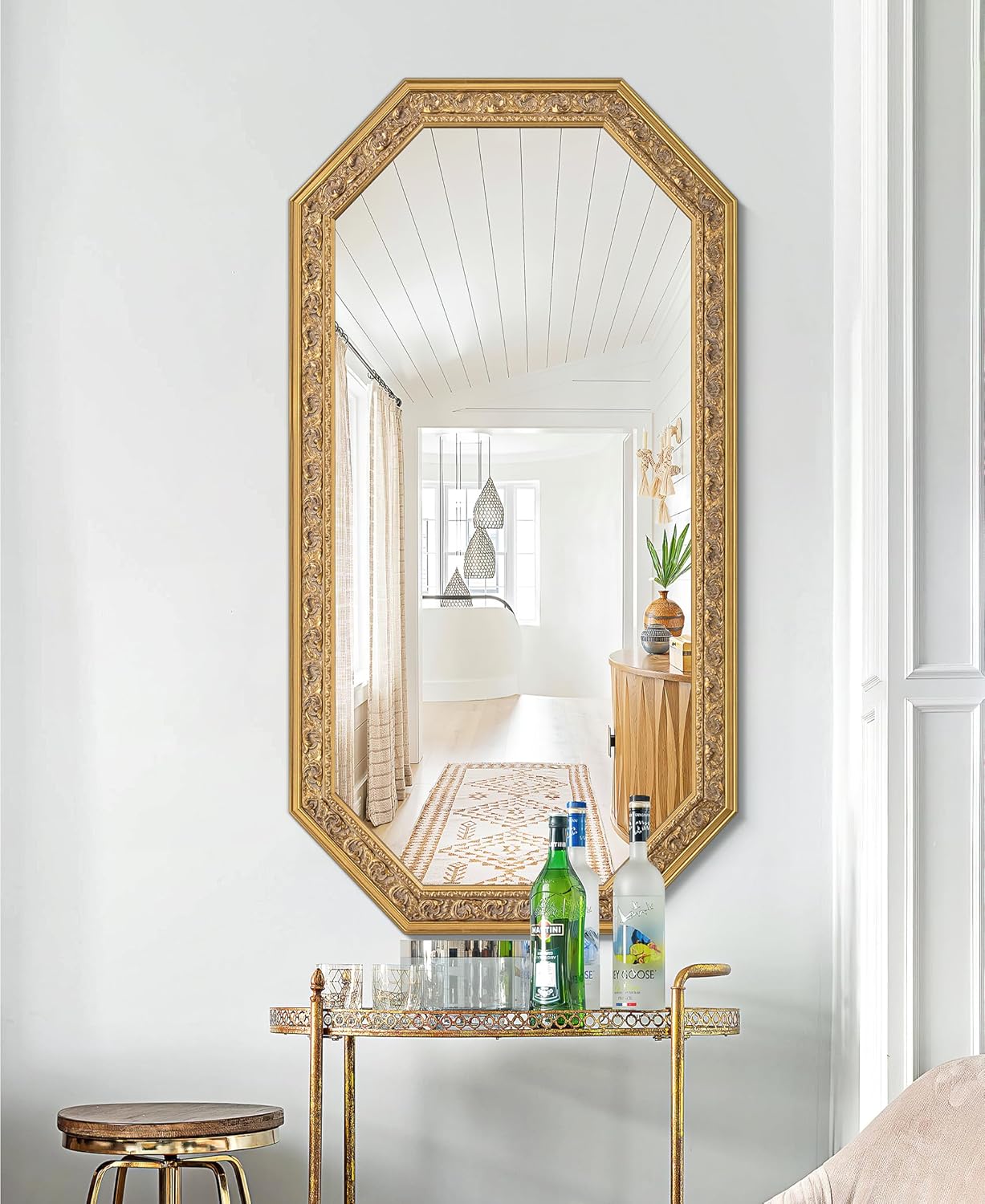 Chende 53" L x 29" W Large Wall Mirror for Living Room, Vintage Long Gold Decor Mirror with Carved Wood Frame, Unique, Elegant, Octagon, Bathroom, Bedroom, Hallway, Fireplace Wall Decoration