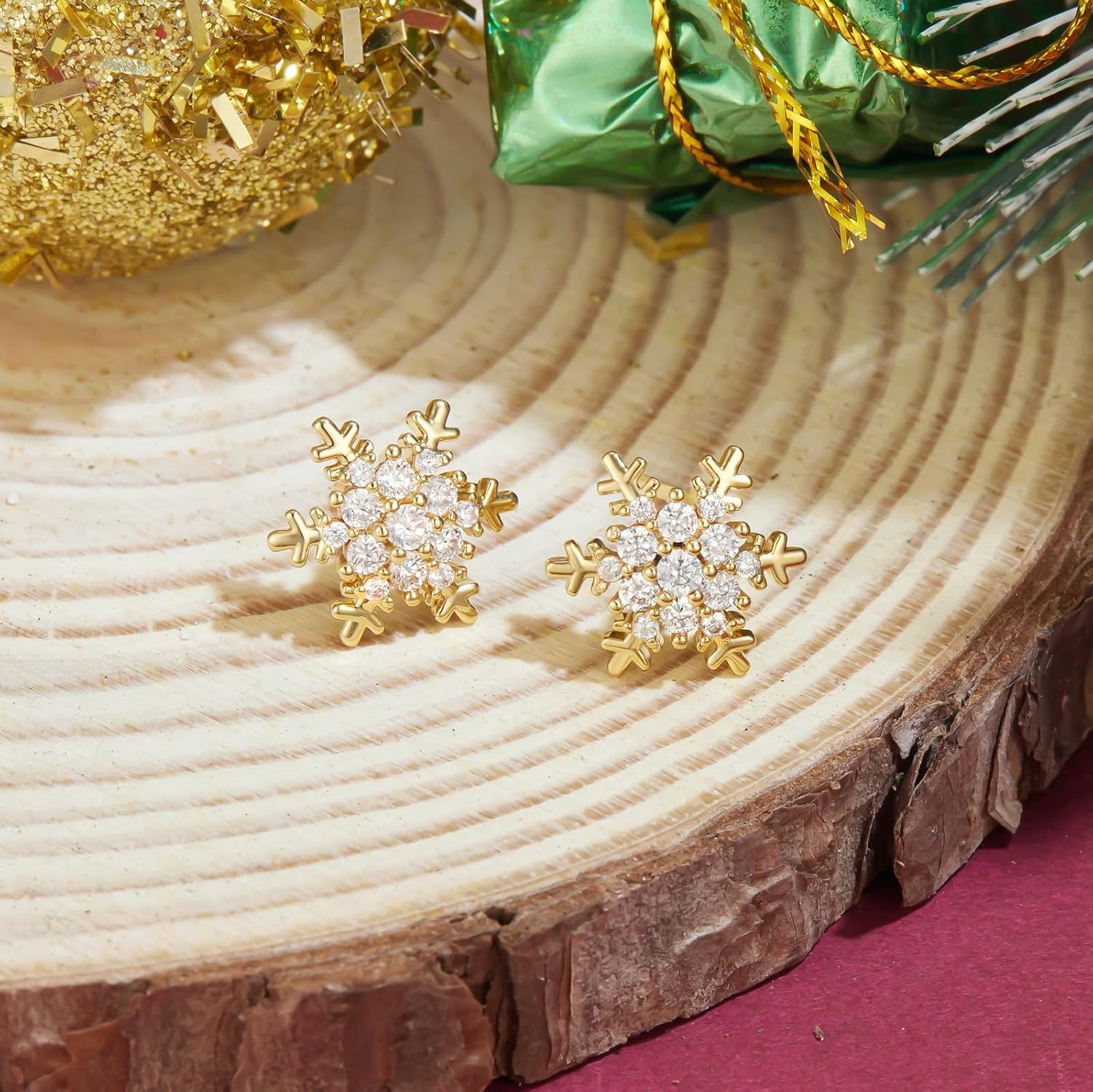 YOQUCOL Snowflake Flower Shaped Stud Earrings for Women Cubic Zirconia Crystal Christmas Pierced Earrings Xmas Jewelry - Image 4