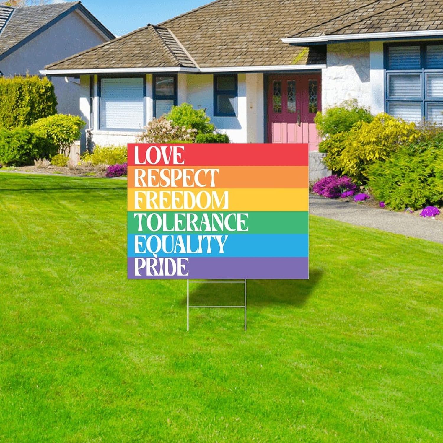 Yard Signs Gay Lesbian LGBTQ Yard Sale Signs With Stakes For Party Decorations For Anniversary Garden Decor Love Respect Freedom Tolerance Equality Pride Custom Plastic Yard Sign 2-Sided 18x24