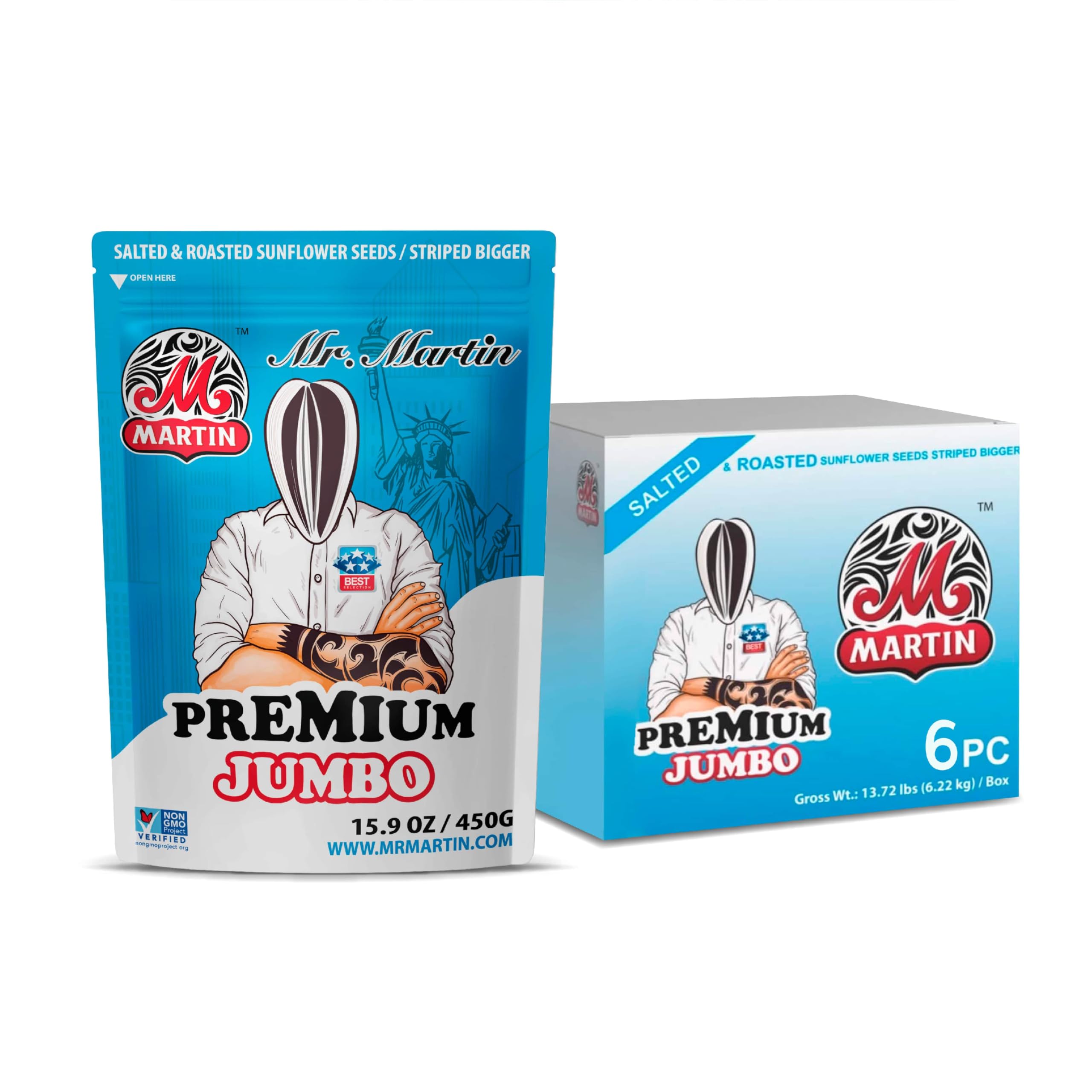 MR. MARTIN Premium Jumbo Salted Sunflower Seeds To Eat, Roasted, Keto Friendly Snack, Kosher, Non-GMO, Vegan – 15.9 Oz.6 Pack