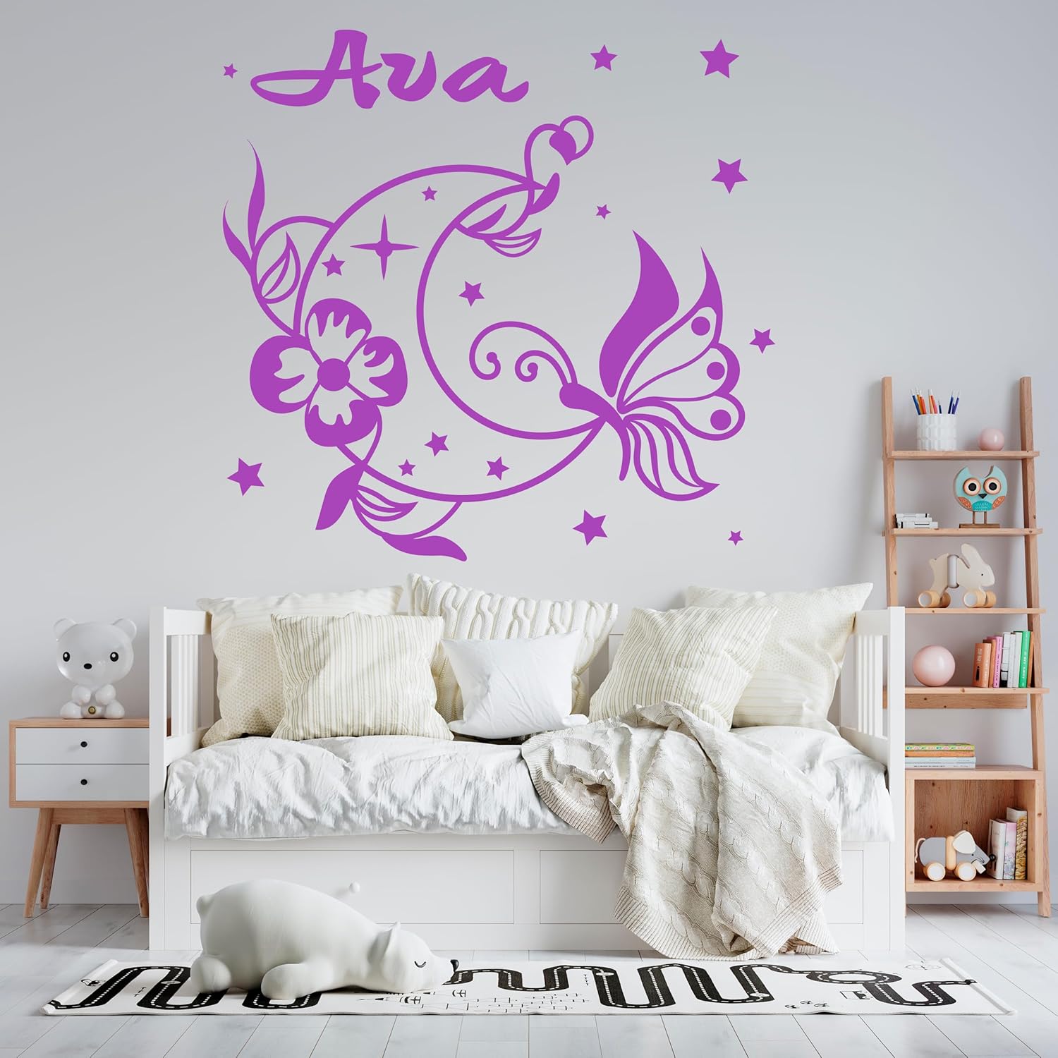 Personalized Girl Name Wall Stickers with Moon in Flowers