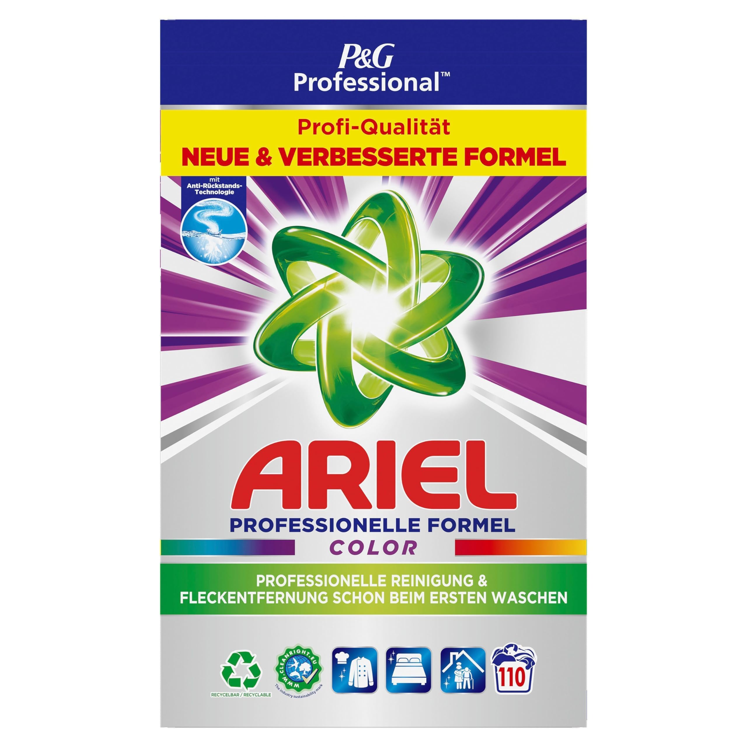 Ariel Professional Waschpulver, Waschmittel Colorwaschmittel, 110 Waschladungen, 6.6 kg, Hervorragende Fleckenentfernung und Reinigung schon ab dem ersten Waschgang