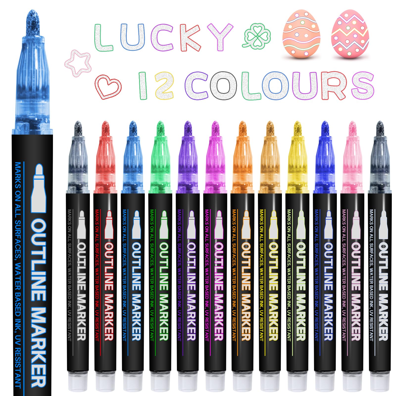 CNMTCCO Rotuladores Purpurina, 12 Colores Papeleria Doble línea Mágicos para Scrapbooking, Rotuladores Lettering, Bolígrafos de Contorno Metálicos, Ideal para Niñas 4-12 Años, Regalos de Pascua para