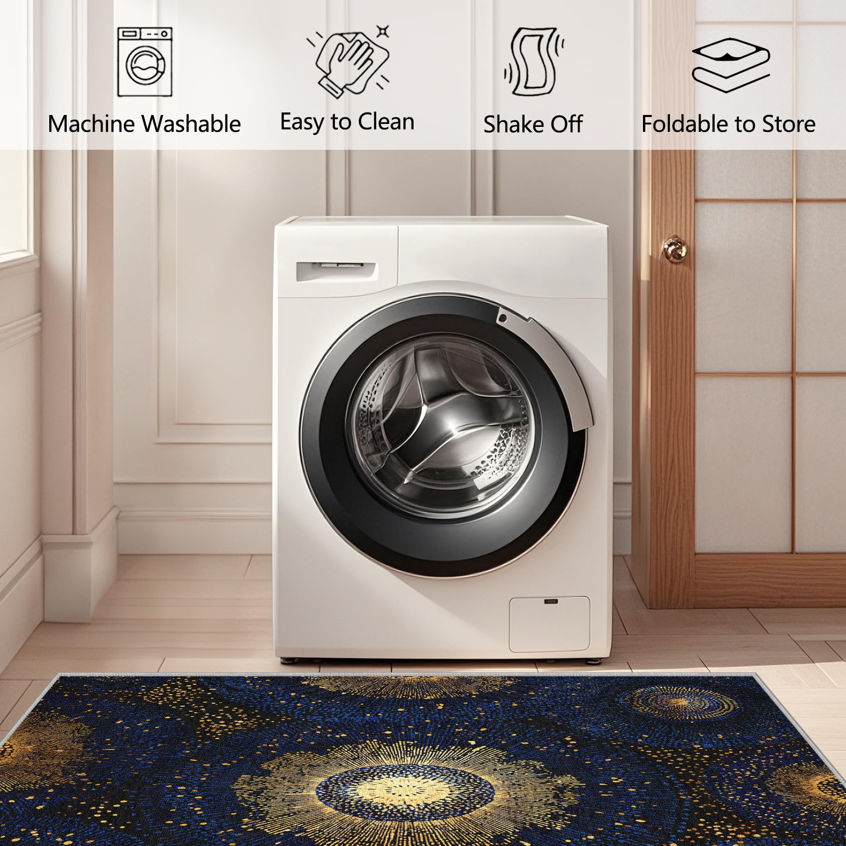 Générique Mandala Céleste Tapis 60x90 - Motif Or Vintage Tapis à Poils Courts Doux Antidérapant - Lavable en Machine - pour Salon Chambre à Coucher Cuisine Salle à Manger G9m24j10