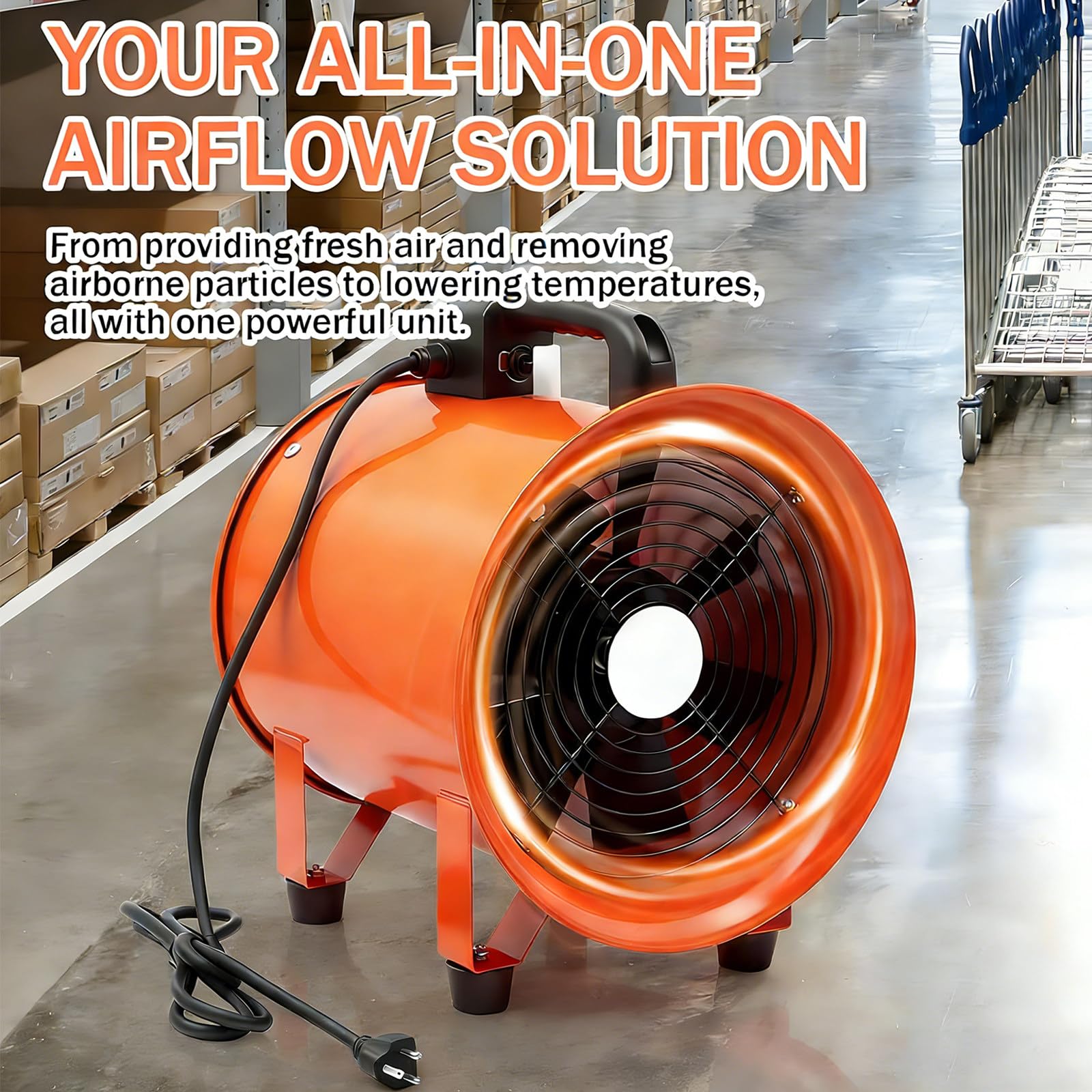 Ventilador de extracción Industrial portátil: con Manguera de extracción Larga, para construcción de tuberías y Naves industriales 10M-airduct-Φ9.8in