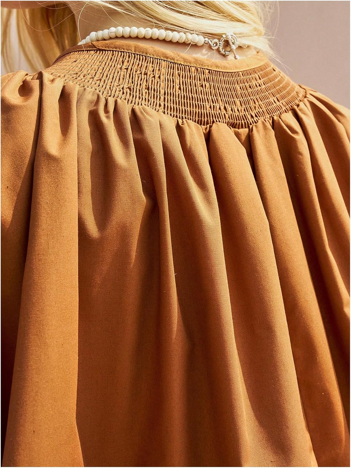 MakeMeChic Women's Tie Neck Dolman Sleeve Blouse Shirt Fringe Shirred Boho Blouses Top - Image 6