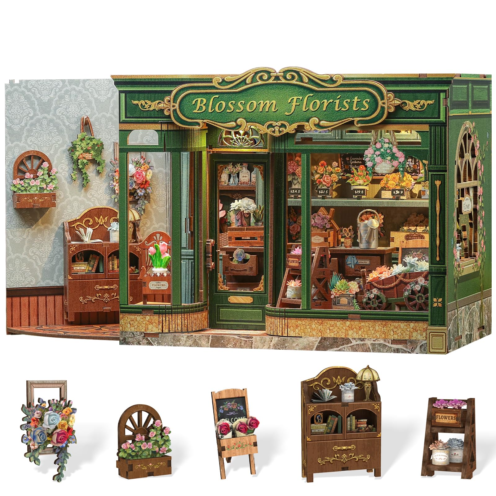 Cutefun Book Nook Kit - DIY Miniature Flower Shop Booknook Kits for Adults and Teens, 3D Wooden Puzzle Bookend Bookshelf with LED Light, Creative Crafts Gifts for Book Lovers (Blossom Florists)
