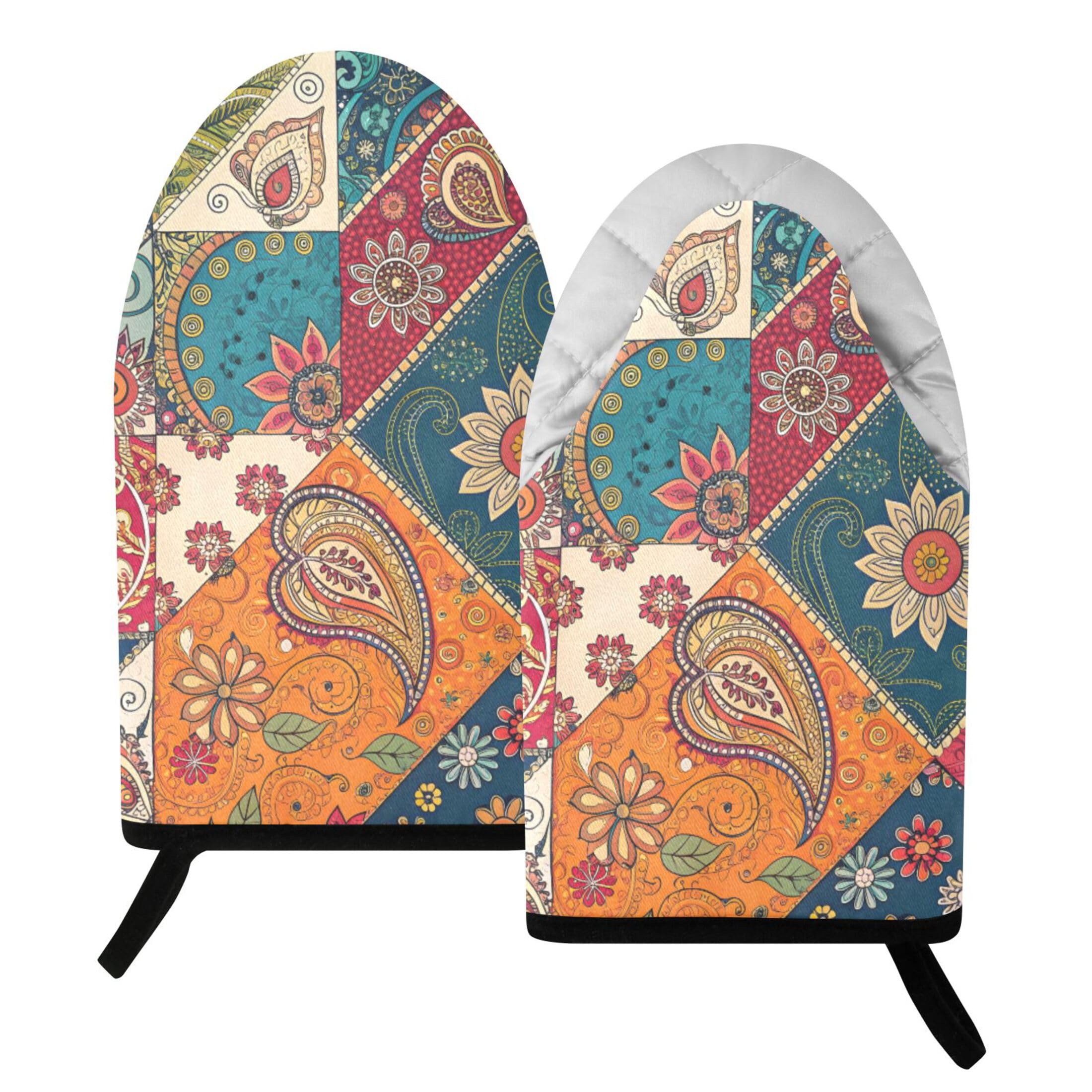 Fuauuyl Oven Mitts Heat Resistant Kitchen Gloves, Tribal Patchwork Kantha Classic Oven Gloves with Hanging Loop for Baking BBQ Cooking Grilling, 1 Pair, 9.5 in