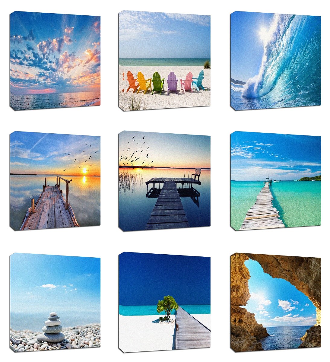 9Pcs 8x8 Canvas Stretched Wood Framed Jetty Beach Blue Sea Ocean Sky Wave Surfing Sunset Theme Combine Modern Abstract Art for Home Room Office Wall Print Decor (20x20cm)