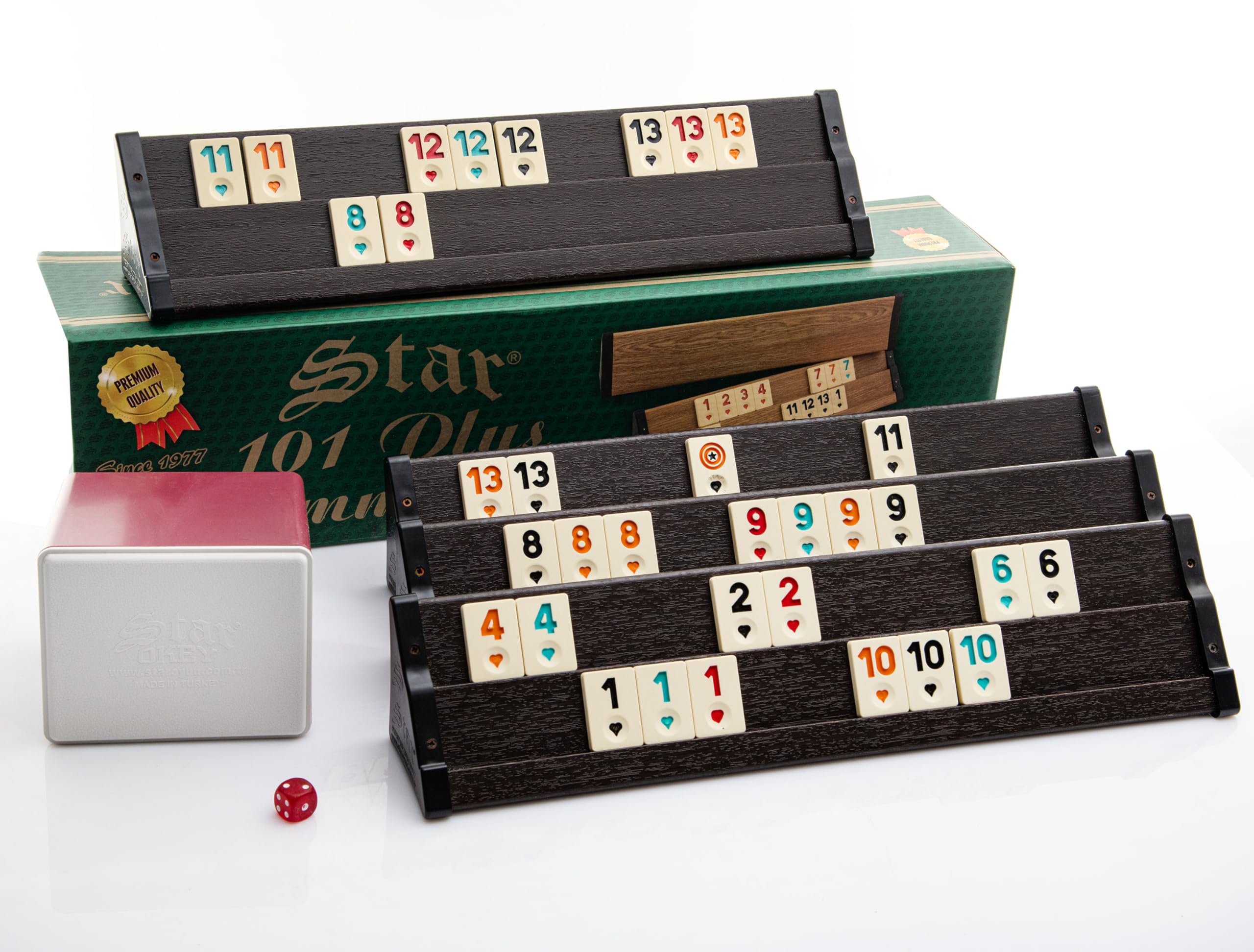 Rummy Spiel Set aus Holz mit Melamin Steinen | Rommé Star Okey 101 Plus Gesellschaftsspiel Legespiel mit Würfel