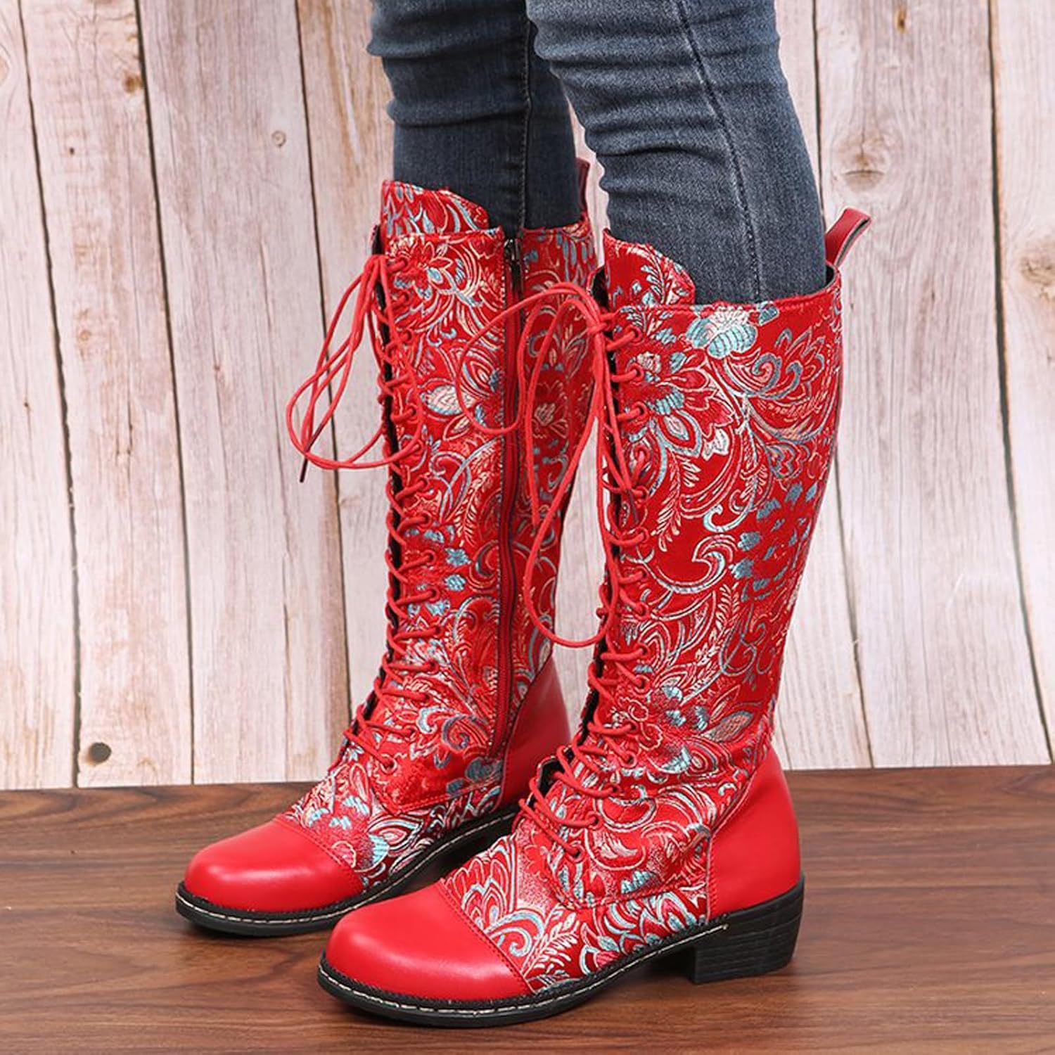 Traveltopp Women's Embroidered Lace up Knee High Cowgirl Boots Retro Ethnic Style Low Heel Mid Side Zipper Western Cowboy Mid Calf Boots