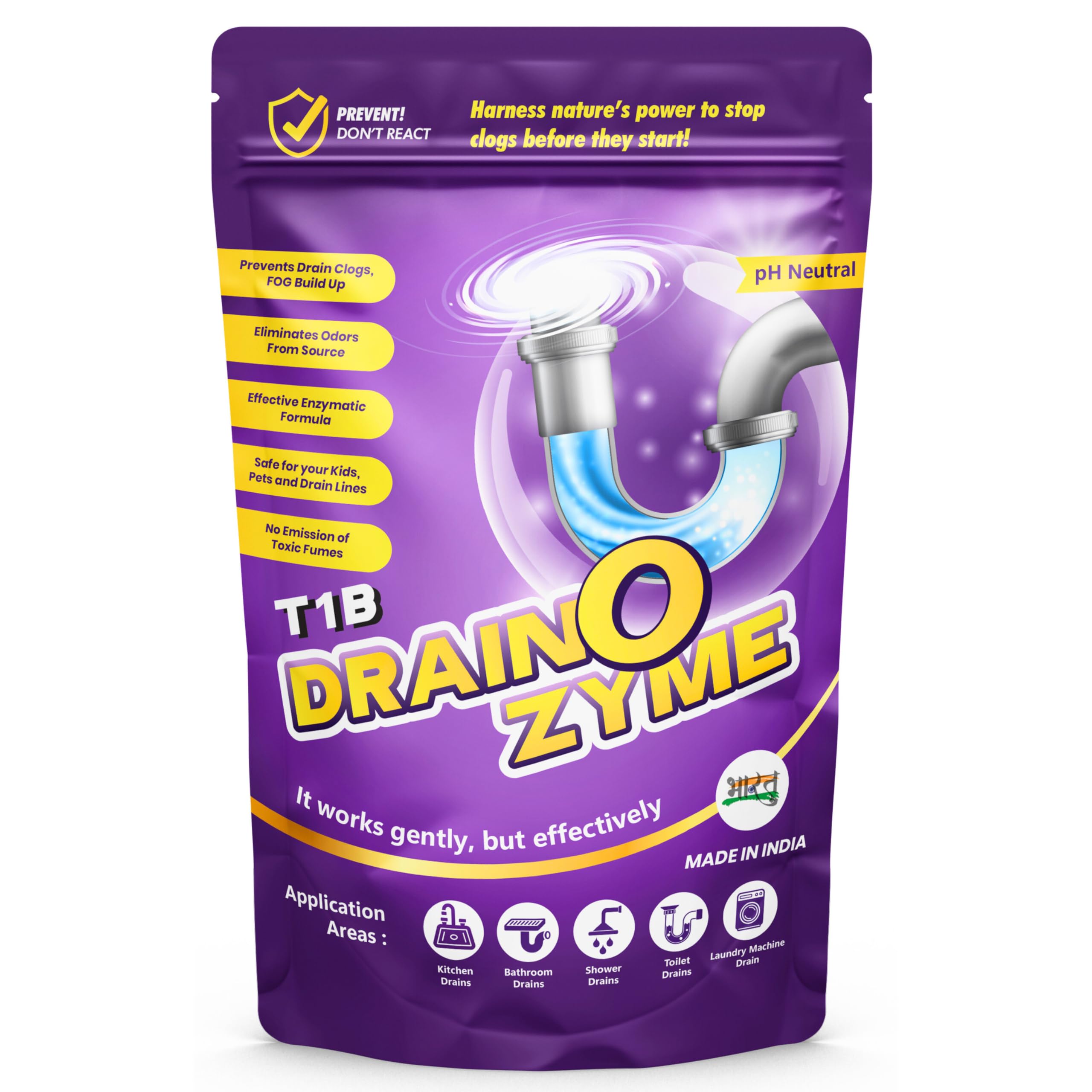 Drain O Zyme Drain Cleaner Powder - Enzyme Based - Removes Odour, Clogs & Blockages from Kitchen, Bathroom & Commercial Drains, Safe For All Pipes - 250 gm