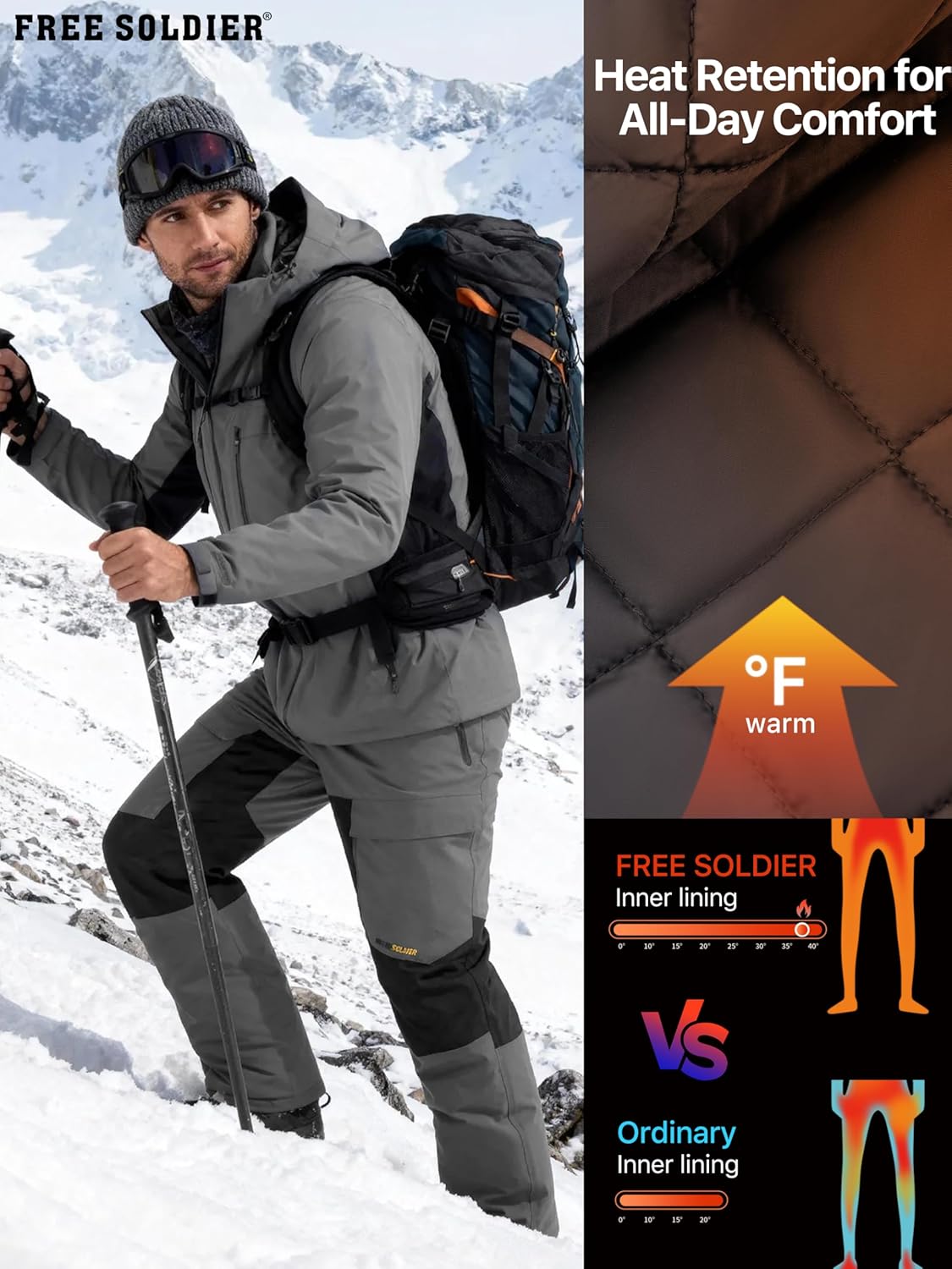 FREE SOLDIER Mens Snow Pants Waterproof Insulated Winter Skiing Snowboarding Pants with Zipper Pockets - Image 3