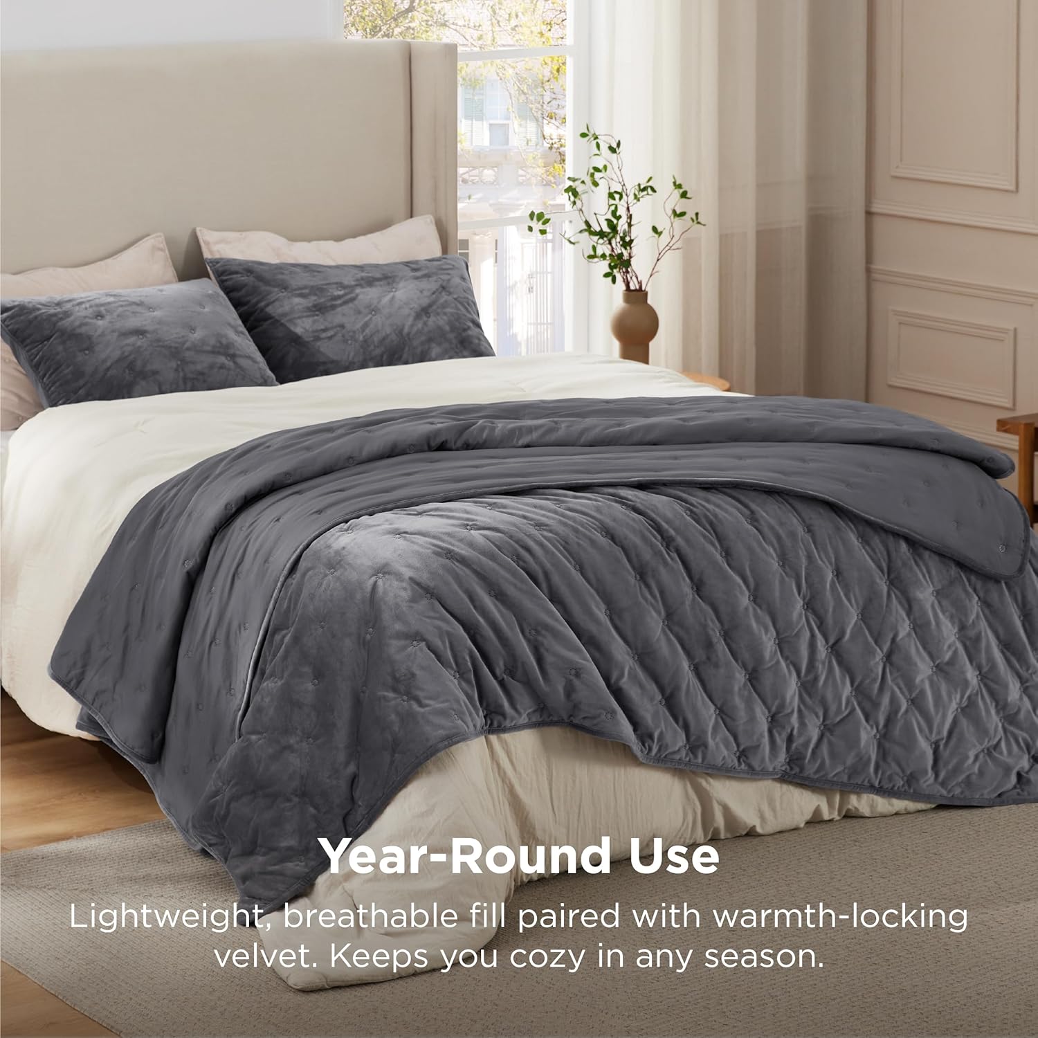 Bedsure Velvet Fleece Comforter Set King, Dark Grey Lightweight Quilted Bedding Set, Soft Warm Blanket for All Season, 3 Pieces, 1 Comforter (104" x 90") and 2 Pillow Shams (20" x 36") - Image 4