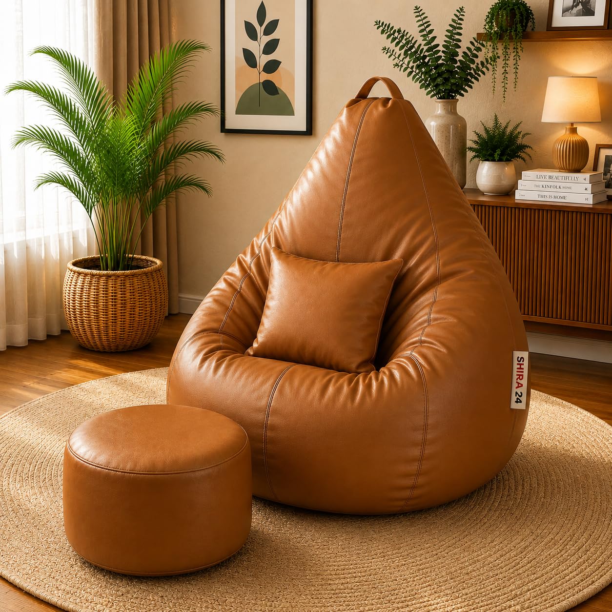 5XL Tear Drop Bean Bag Cover with Footstool & Pillow | Premium Leatherette Cover (Without Beans) | Ergonomic Back & Neck Support | Up to 150 kg Capacity | Living Room Lounger (Tan, XXXXXL)-image-0