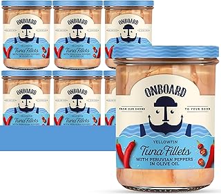 ONBOARD Yellowfin Tuna Fillets, Mediterranean Seafood Diet | Pescatarian Jarred Atun, Fresh Sea Tuna Salad | High in Protein - Healthy Ready-to-Eat Snacks, Packed in Glass Jar | (6 Packs, Peruvian Peppers)