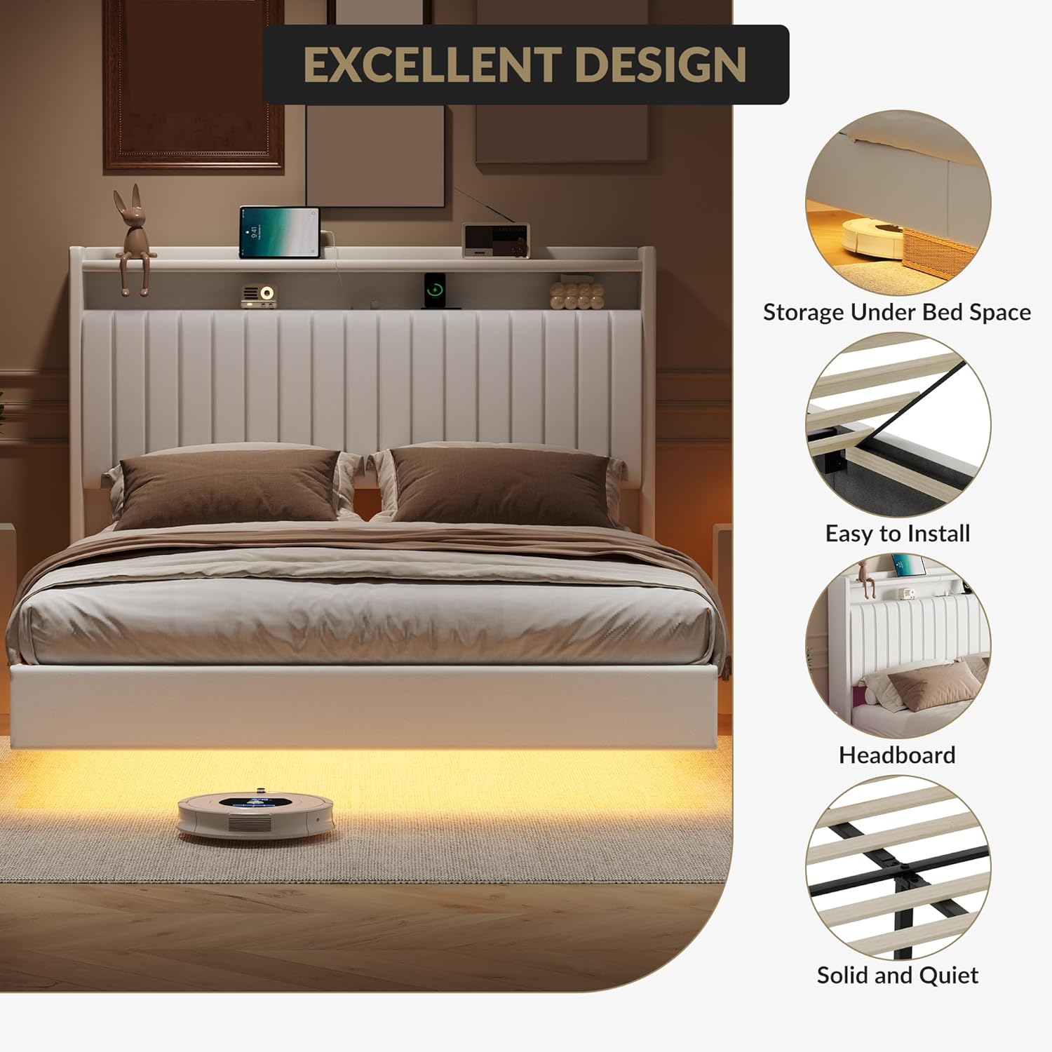 IDEALHOUSE Queen Bed Frame, Floating Queen Size Bed Frame with Storage & Charging Station, Upholstered Platform Bed with RGB LED Lights & Charging Station, No Box Spring Needed, PU Leather White
