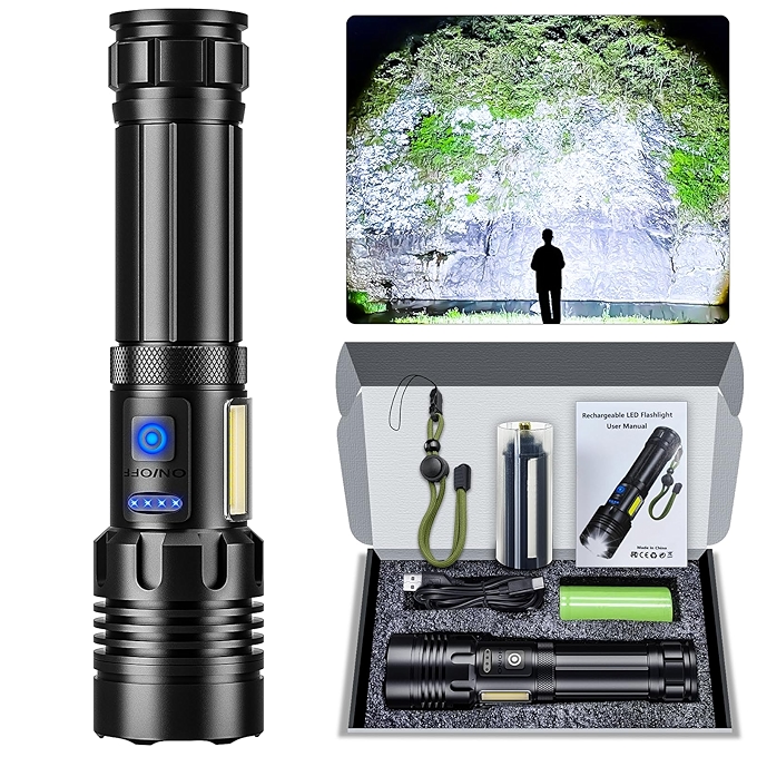 可充电高亮度手电筒990000流明，IPX7防水，7种模式，适合露营和紧急使用